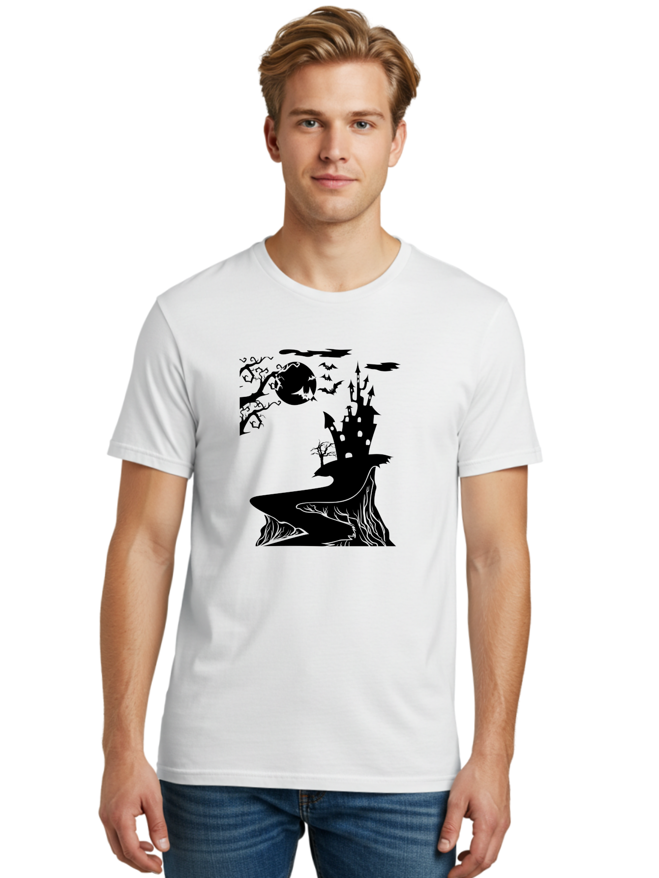 Haunted-Castle-1 Men'S Graphic Tee, 100% Cotton, Comfortable Casual Summer Wear, Machine Washable, Haunted House, Creepy Castle, Spooky Atmosphere, Halloween Theme, Dark Magic, Full Moon, Bats Flying Aab221 30