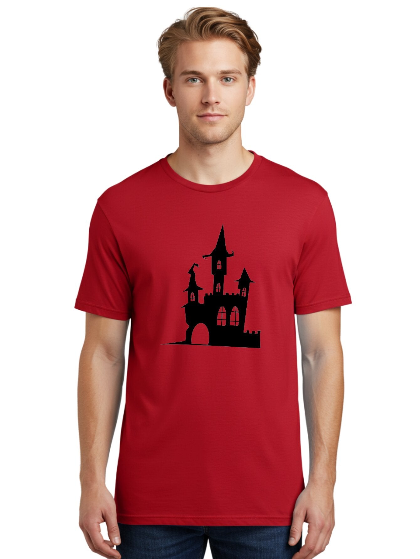Haunted-Castle Men'S Graphic Tee, 100% Cotton, Comfortable Casual Summer Wear, Machine Washable, Haunted Castle, Spooky Atmosphere, Gothic Architecture, Mysterious Vibe, Fantasy World, Dark Magic, Witch'S Lair, Haunted Mansion, Eerie Feeling Aab222 22