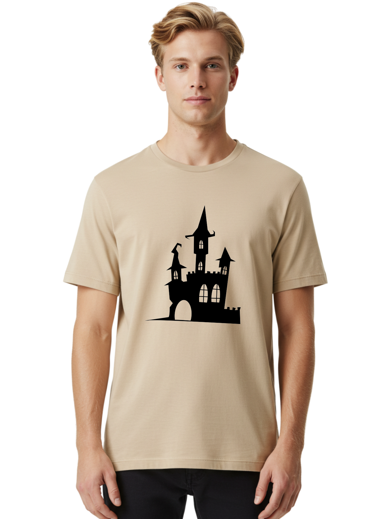 Haunted-Castle Men'S Graphic Tee, 100% Cotton, Comfortable Casual Summer Wear, Machine Washable, Haunted Castle, Spooky Atmosphere, Gothic Architecture, Mysterious Vibe, Fantasy World, Dark Magic, Witch'S Lair, Haunted Mansion, Eerie Feeling Aab222 28