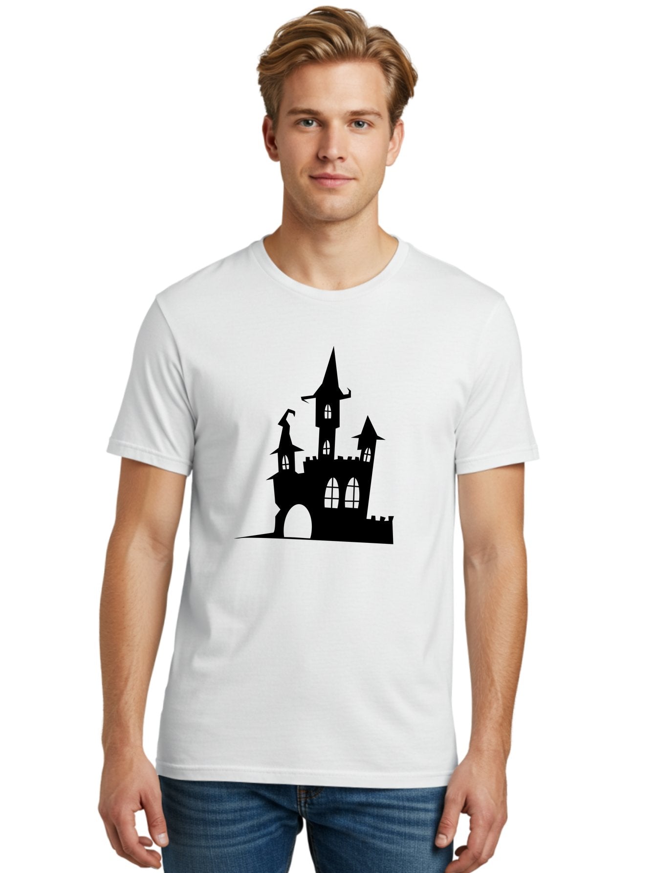 Haunted-Castle Men'S Graphic Tee, 100% Cotton, Comfortable Casual Summer Wear, Machine Washable, Haunted Castle, Spooky Atmosphere, Gothic Architecture, Mysterious Vibe, Fantasy World, Dark Magic, Witch'S Lair, Haunted Mansion, Eerie Feeling Aab222 25