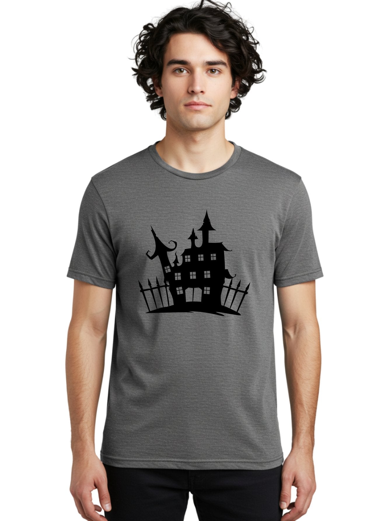 Haunted-House-1 Men'S Graphic Tee, 100% Cotton, Comfortable Casual Summer Wear, Machine Washable, Haunted Mansion, Creepy House, Horror Theme, Spooky Atmosphere, Gothic Architecture, Haunted Location, Eerie Vibe, Black Silhouette Aab223 27