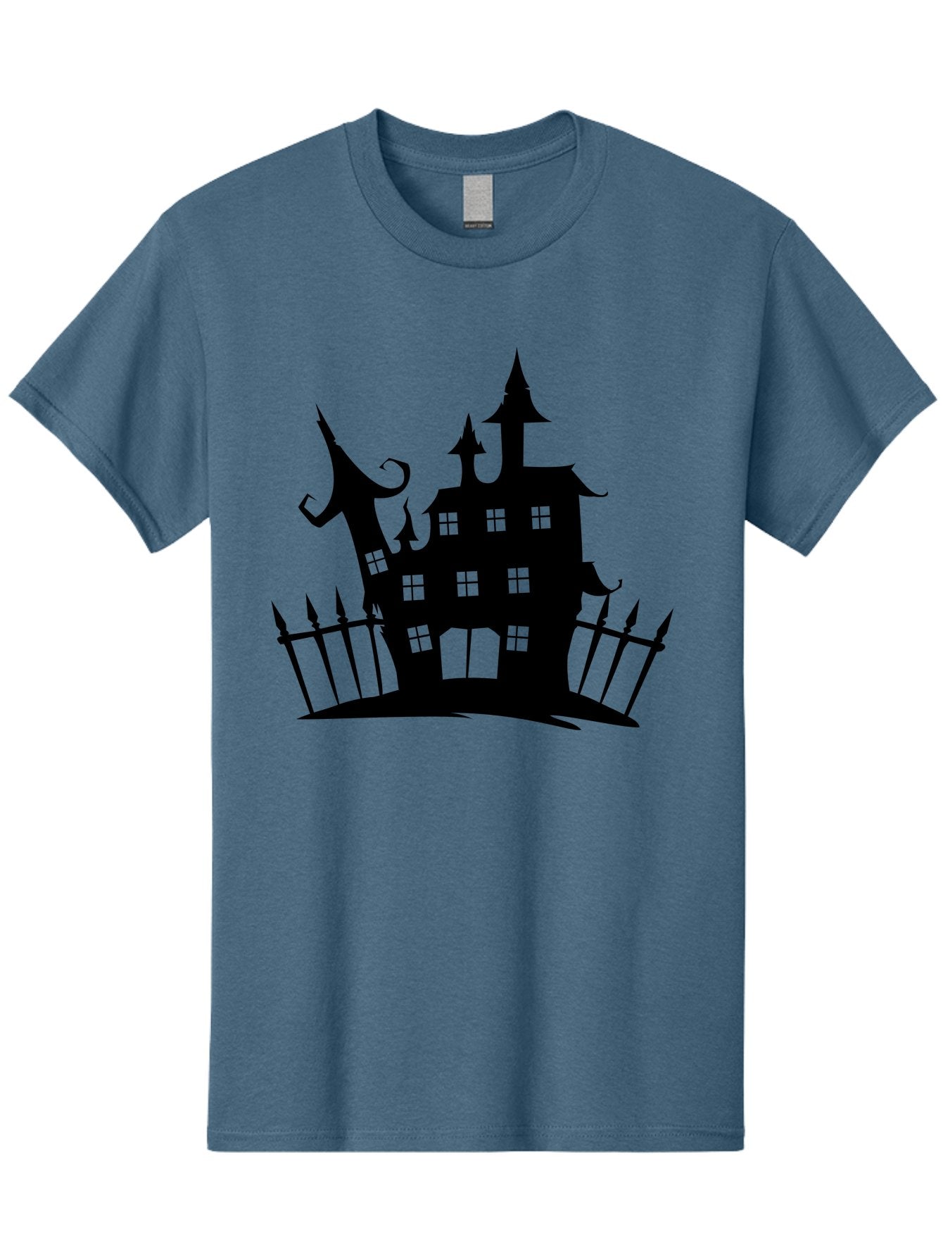 Haunted-House-1 Men'S Graphic Tee, 100% Cotton, Comfortable Casual Summer Wear, Machine Washable, Haunted Mansion, Creepy House, Horror Theme, Spooky Atmosphere, Gothic Architecture, Haunted Location, Eerie Vibe, Black Silhouette Aab223 9