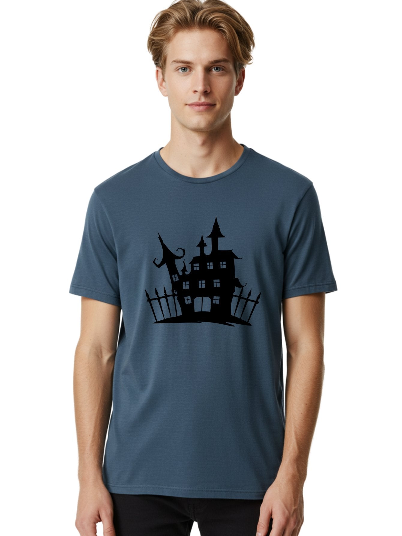 Haunted-House-1 Men'S Graphic Tee, 100% Cotton, Comfortable Casual Summer Wear, Machine Washable, Haunted Mansion, Creepy House, Horror Theme, Spooky Atmosphere, Gothic Architecture, Haunted Location, Eerie Vibe, Black Silhouette Aab223 26