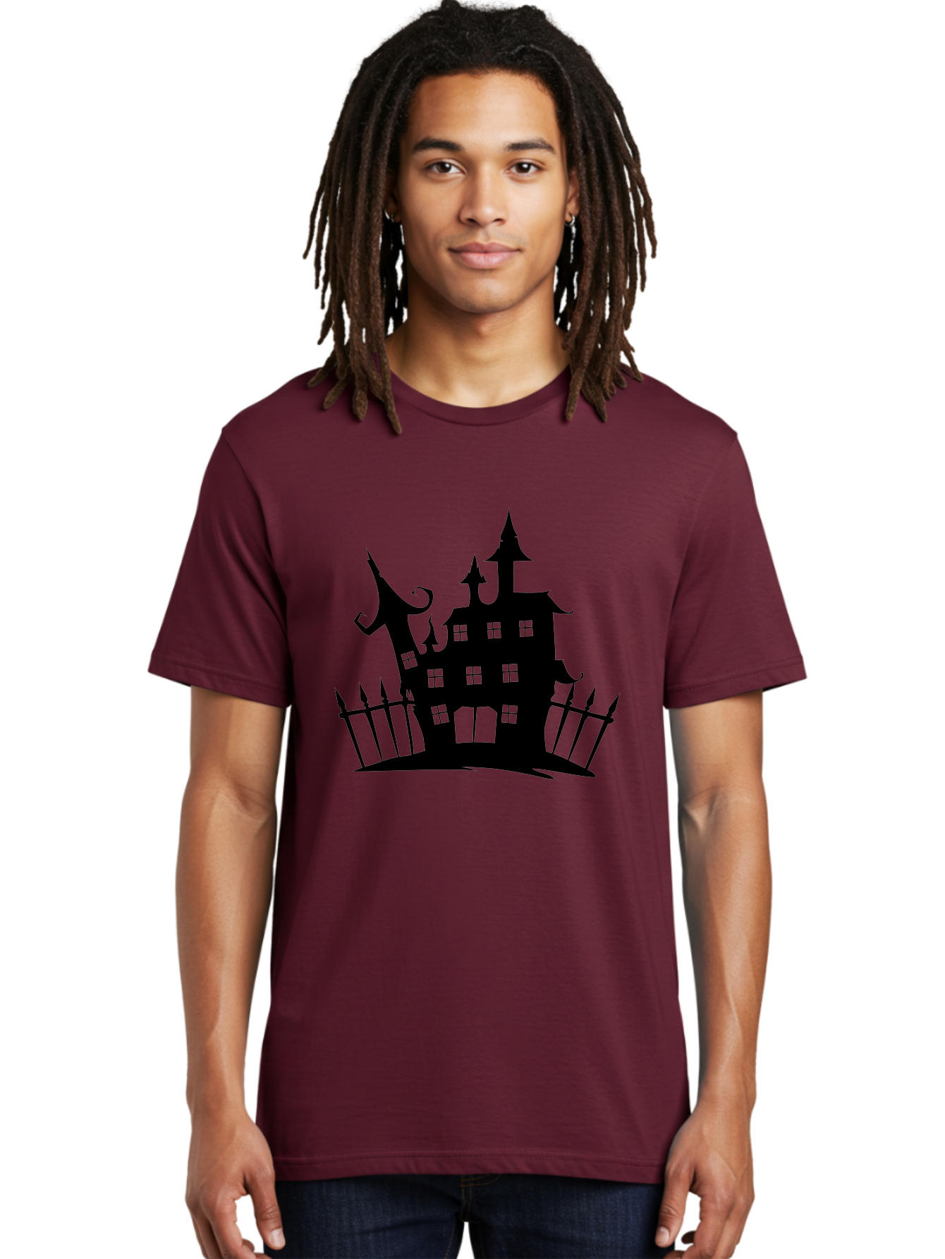 Haunted-House-1 Men'S Graphic Tee, 100% Cotton, Comfortable Casual Summer Wear, Machine Washable, Haunted Mansion, Creepy House, Horror Theme, Spooky Atmosphere, Gothic Architecture, Haunted Location, Eerie Vibe, Black Silhouette Aab223