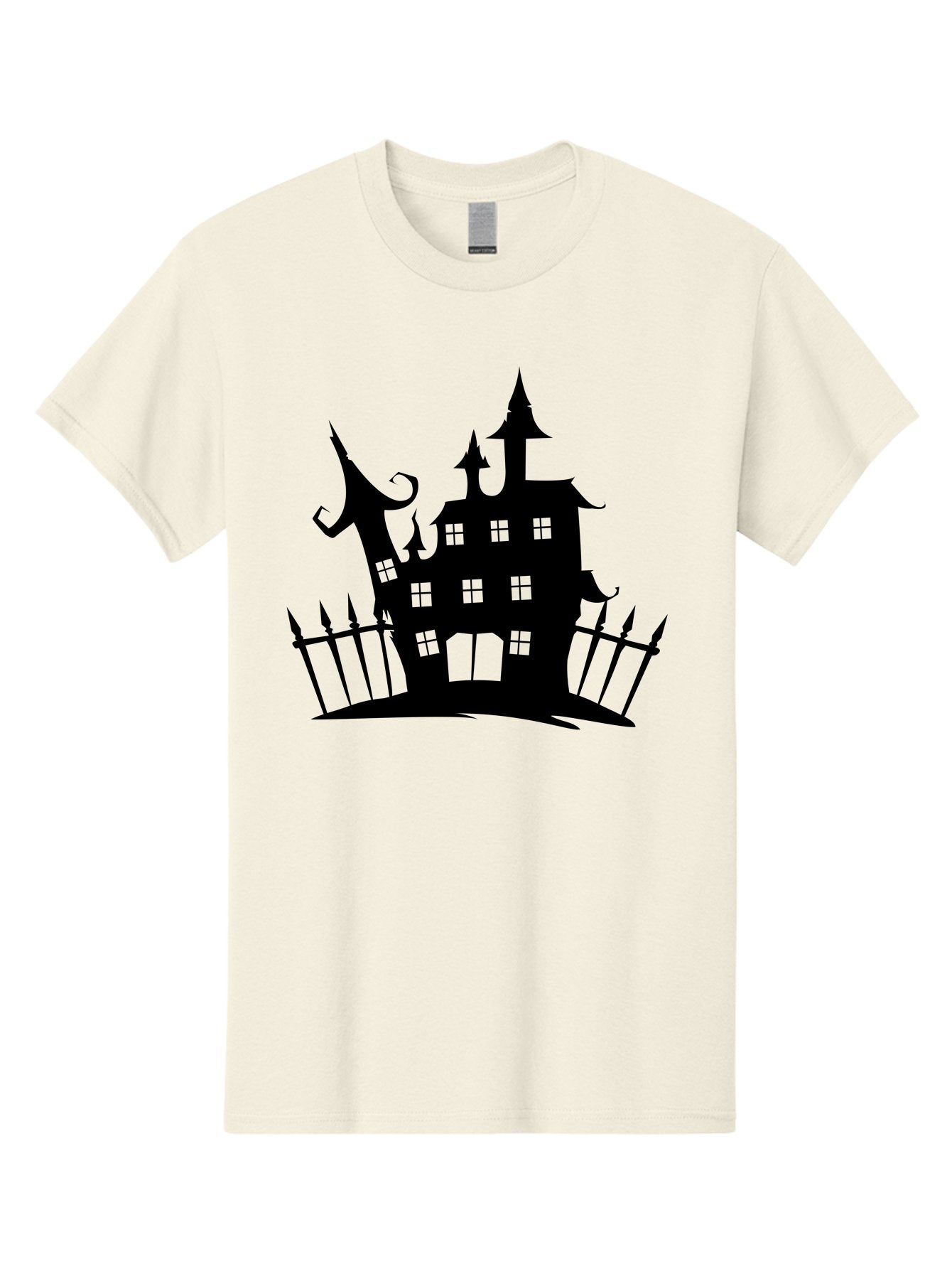 Haunted-House-1 Men'S Graphic Tee, 100% Cotton, Comfortable Casual Summer Wear, Machine Washable, Haunted Mansion, Creepy House, Horror Theme, Spooky Atmosphere, Gothic Architecture, Haunted Location, Eerie Vibe, Black Silhouette Aab223