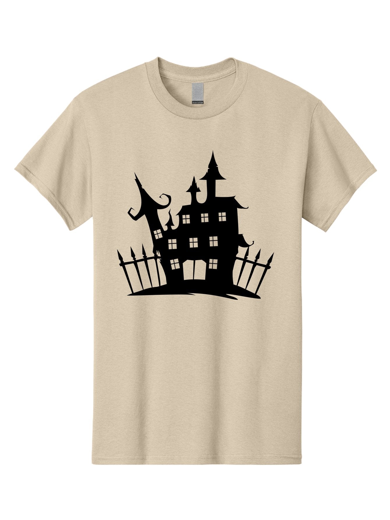 Haunted-House-1 Men'S Graphic Tee, 100% Cotton, Comfortable Casual Summer Wear, Machine Washable, Haunted Mansion, Creepy House, Horror Theme, Spooky Atmosphere, Gothic Architecture, Haunted Location, Eerie Vibe, Black Silhouette Aab223 6