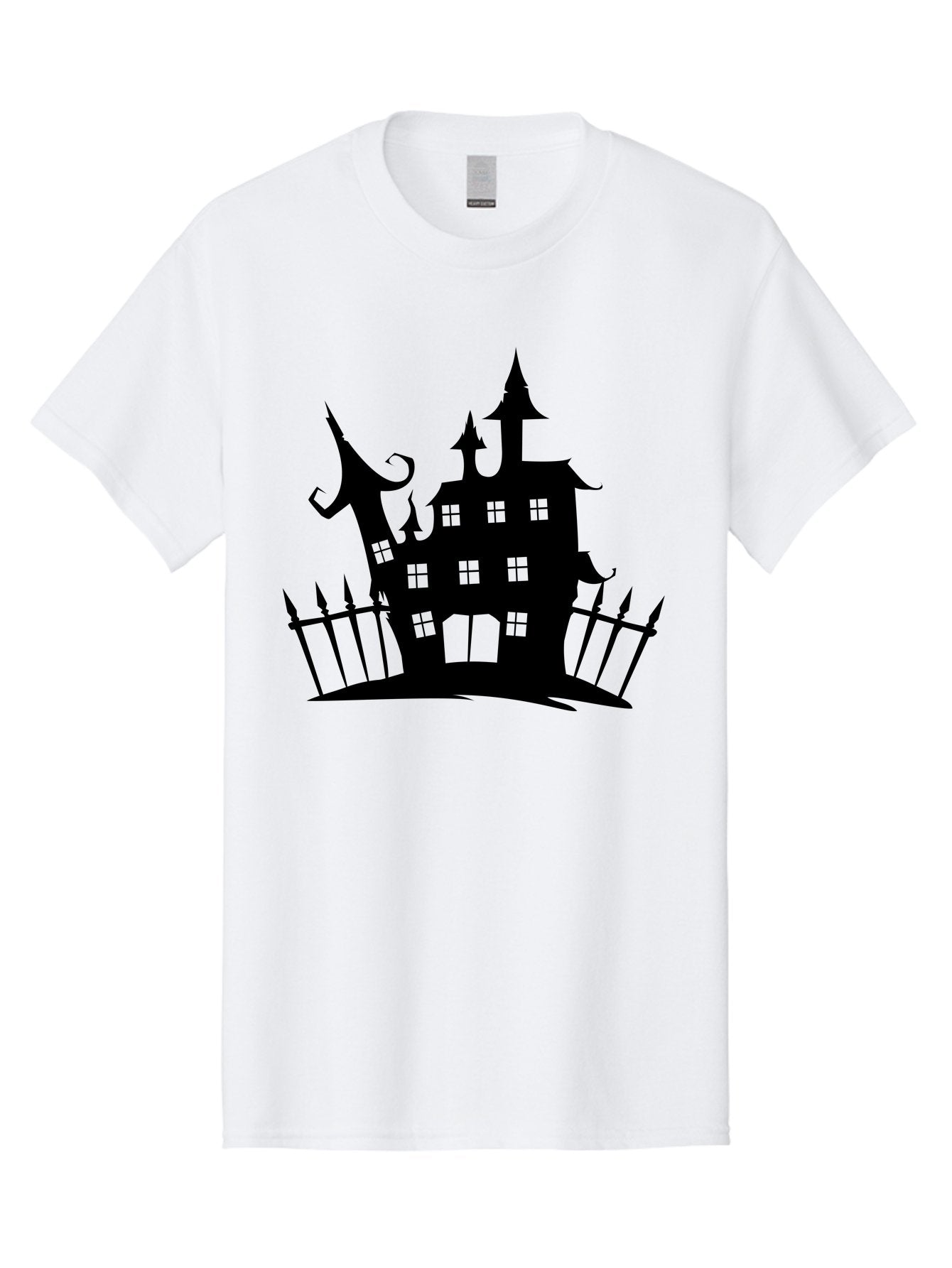 Haunted-House-1 Men'S Graphic Tee, 100% Cotton, Comfortable Casual Summer Wear, Machine Washable, Haunted Mansion, Creepy House, Horror Theme, Spooky Atmosphere, Gothic Architecture, Haunted Location, Eerie Vibe, Black Silhouette Aab223 8