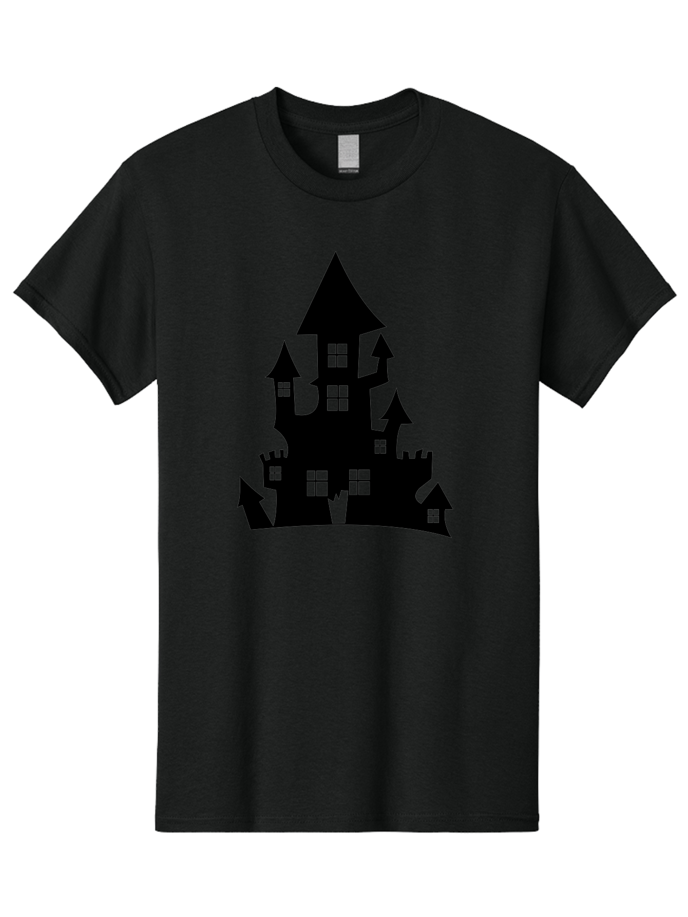 Haunted-House-Silhouette-1 Men'S Graphic Tee, 100% Cotton, Comfortable Casual Summer Wear, Machine Washable, Medieval Castle, Black Silhouette, Fantasy Architecture, Mysterious Atmosphere, Gothic Style, Spooky Vibe, Dark Magic, Haunted House, Aab224