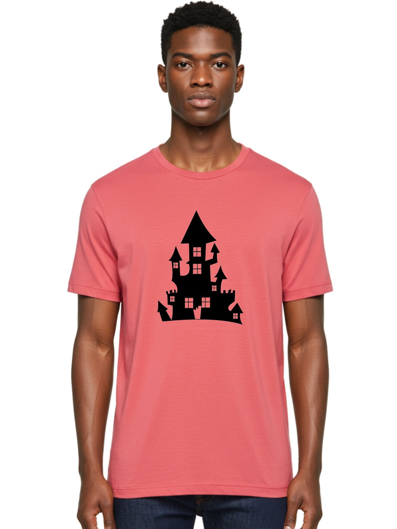 Haunted-House-Silhouette-1 Men'S Graphic Tee, 100% Cotton, Comfortable Casual Summer Wear, Machine Washable, Medieval Castle, Black Silhouette, Fantasy Architecture, Mysterious Atmosphere, Gothic Style, Spooky Vibe, Dark Magic, Haunted House, Aab224 22