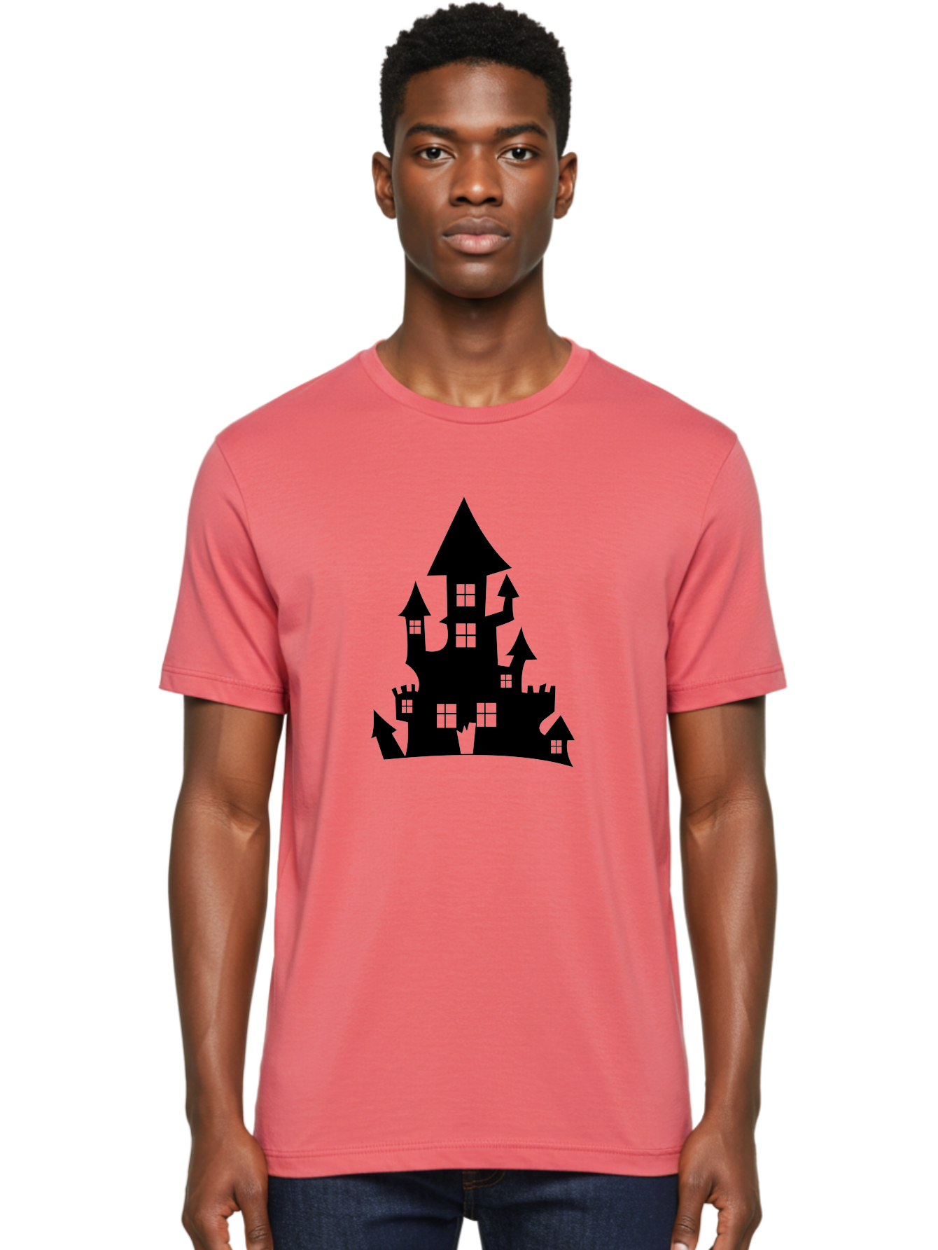 Haunted-House-Silhouette-1 Men'S Graphic Tee, 100% Cotton, Comfortable Casual Summer Wear, Machine Washable, Medieval Castle, Black Silhouette, Fantasy Architecture, Mysterious Atmosphere, Gothic Style, Spooky Vibe, Dark Magic, Haunted House, Aab224 6