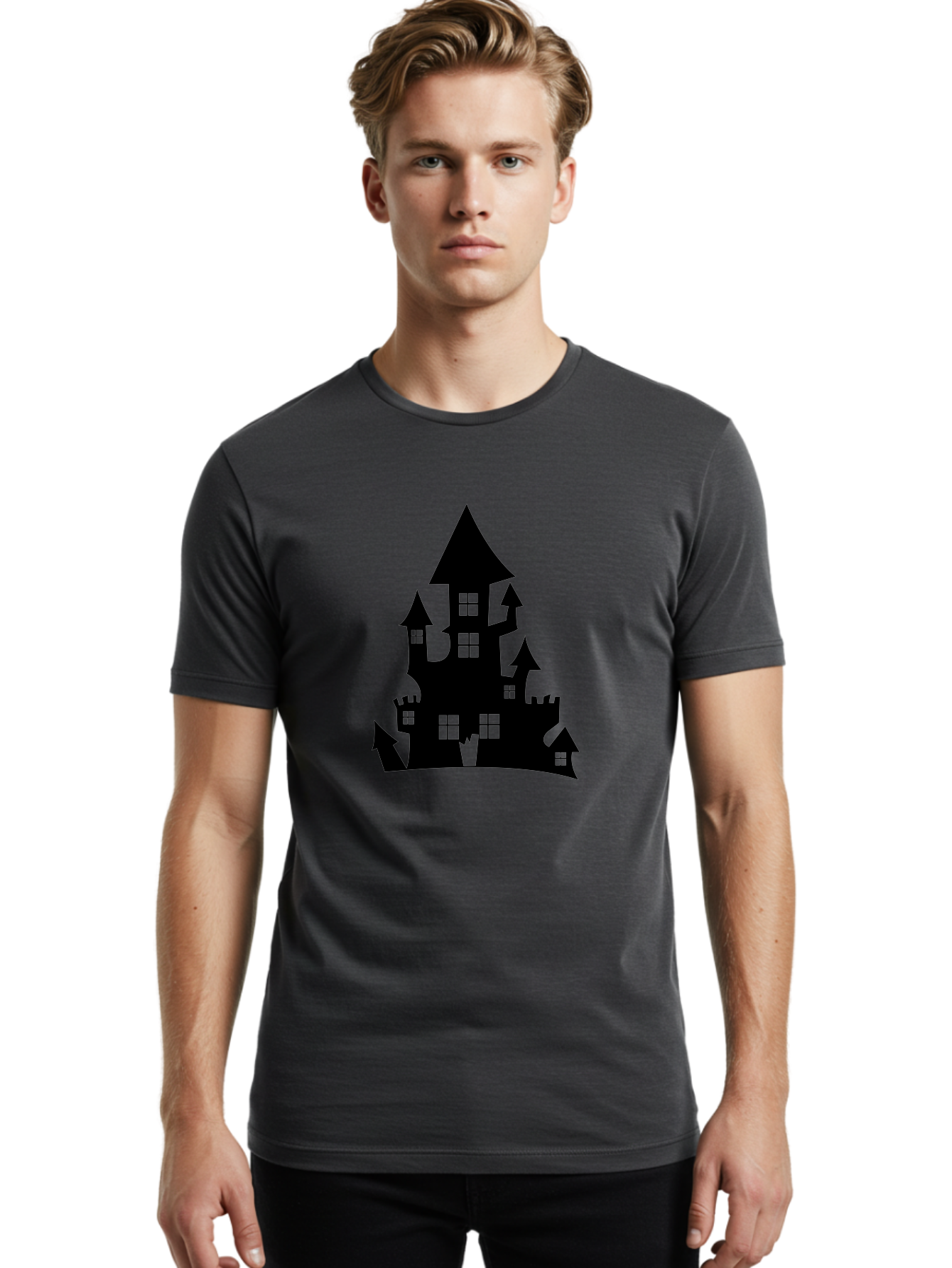 Haunted-House-Silhouette-1 Men'S Graphic Tee, 100% Cotton, Comfortable Casual Summer Wear, Machine Washable, Medieval Castle, Black Silhouette, Fantasy Architecture, Mysterious Atmosphere, Gothic Style, Spooky Vibe, Dark Magic, Haunted House, Aab224 8