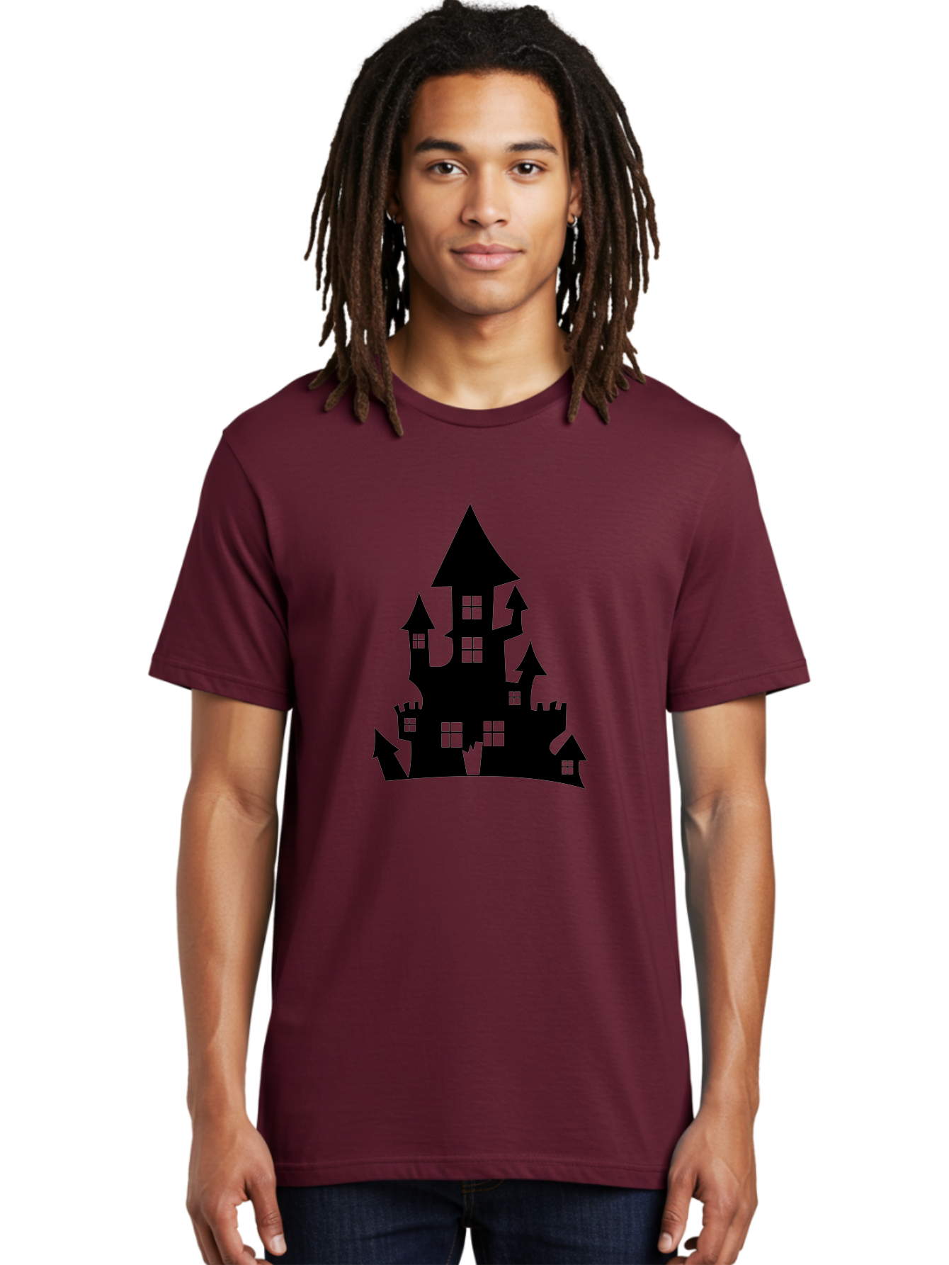 Haunted-House-Silhouette-1 Men'S Graphic Tee, 100% Cotton, Comfortable Casual Summer Wear, Machine Washable, Medieval Castle, Black Silhouette, Fantasy Architecture, Mysterious Atmosphere, Gothic Style, Spooky Vibe, Dark Magic, Haunted House, Aab224 14