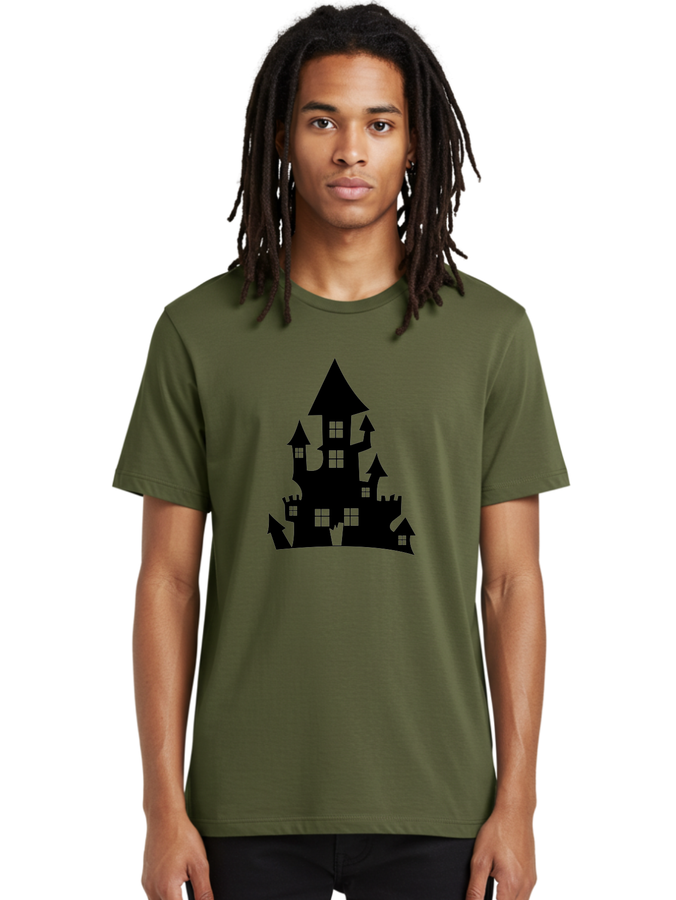 Haunted-House-Silhouette-1 Men'S Graphic Tee, 100% Cotton, Comfortable Casual Summer Wear, Machine Washable, Medieval Castle, Black Silhouette, Fantasy Architecture, Mysterious Atmosphere, Gothic Style, Spooky Vibe, Dark Magic, Haunted House, Aab224 16