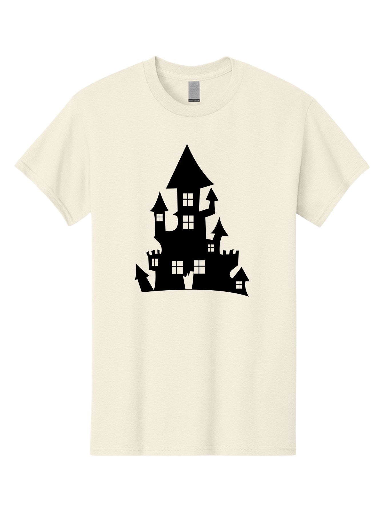 Haunted-House-Silhouette-1 Men'S Graphic Tee, 100% Cotton, Comfortable Casual Summer Wear, Machine Washable, Medieval Castle, Black Silhouette, Fantasy Architecture, Mysterious Atmosphere, Gothic Style, Spooky Vibe, Dark Magic, Haunted House, Aab224 12