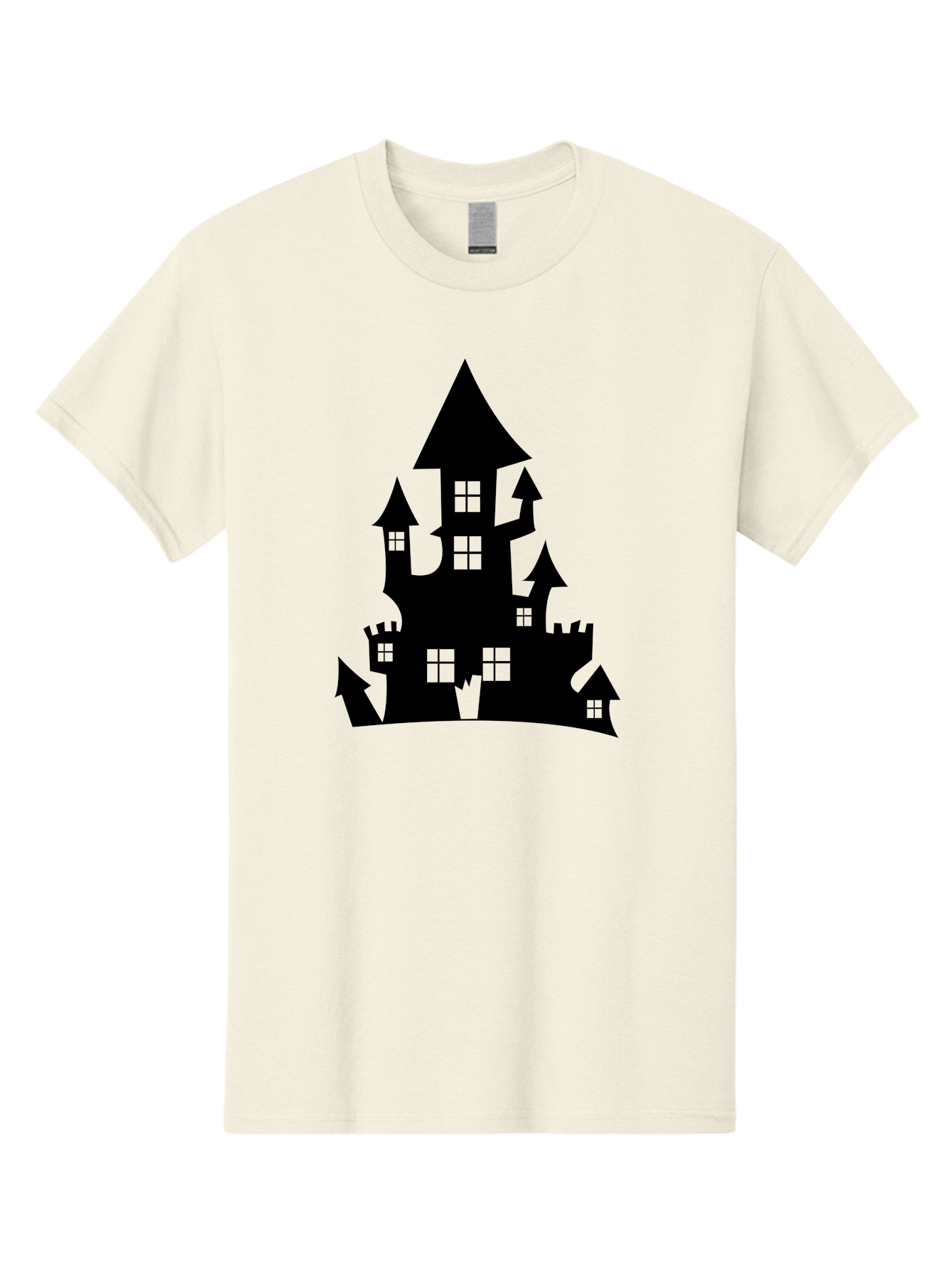 Haunted-House-Silhouette-1 Men'S Graphic Tee, 100% Cotton, Comfortable Casual Summer Wear, Machine Washable, Medieval Castle, Black Silhouette, Fantasy Architecture, Mysterious Atmosphere, Gothic Style, Spooky Vibe, Dark Magic, Haunted House, Aab224 17