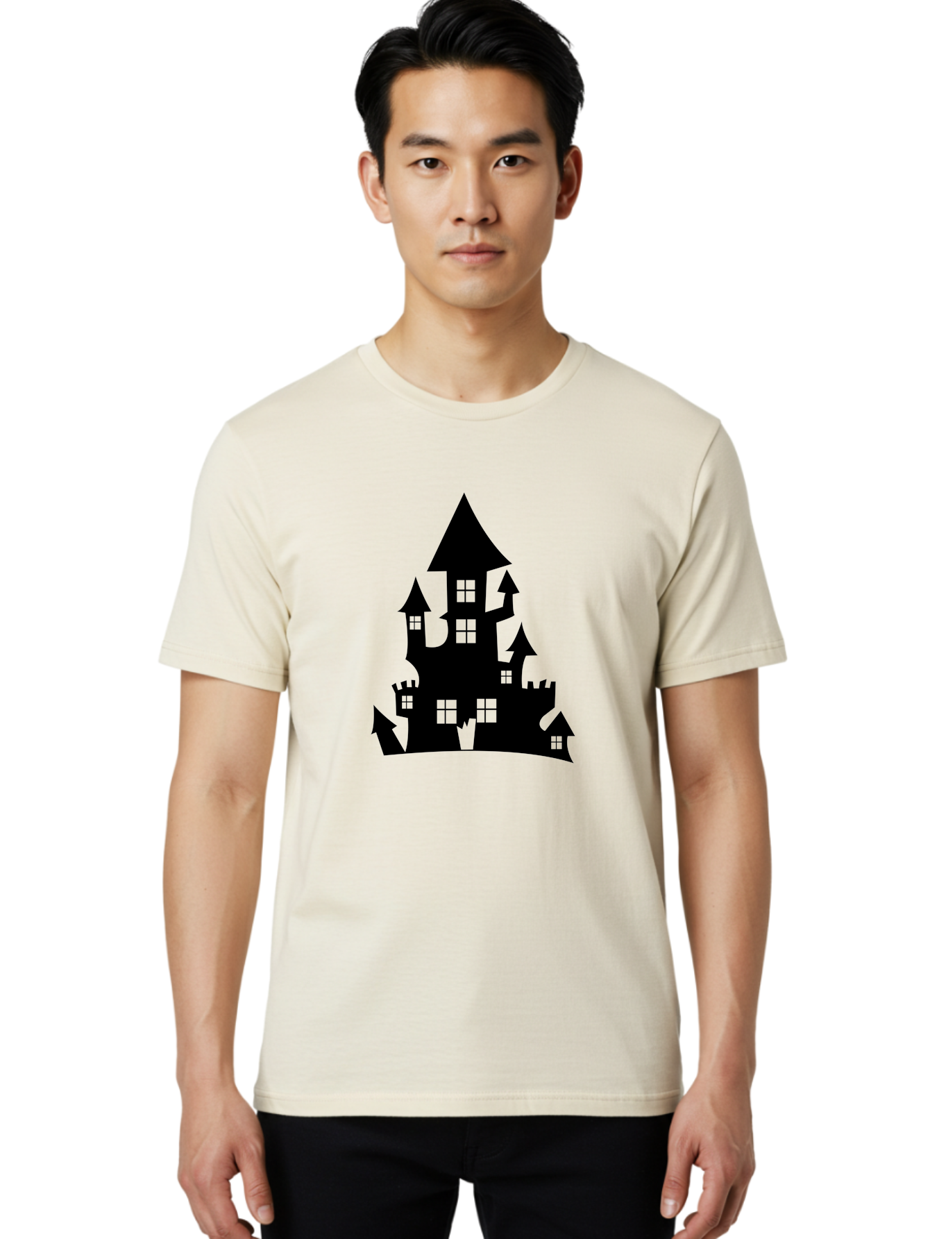Haunted-House-Silhouette-1 Men'S Graphic Tee, 100% Cotton, Comfortable Casual Summer Wear, Machine Washable, Medieval Castle, Black Silhouette, Fantasy Architecture, Mysterious Atmosphere, Gothic Style, Spooky Vibe, Dark Magic, Haunted House, Aab224 18