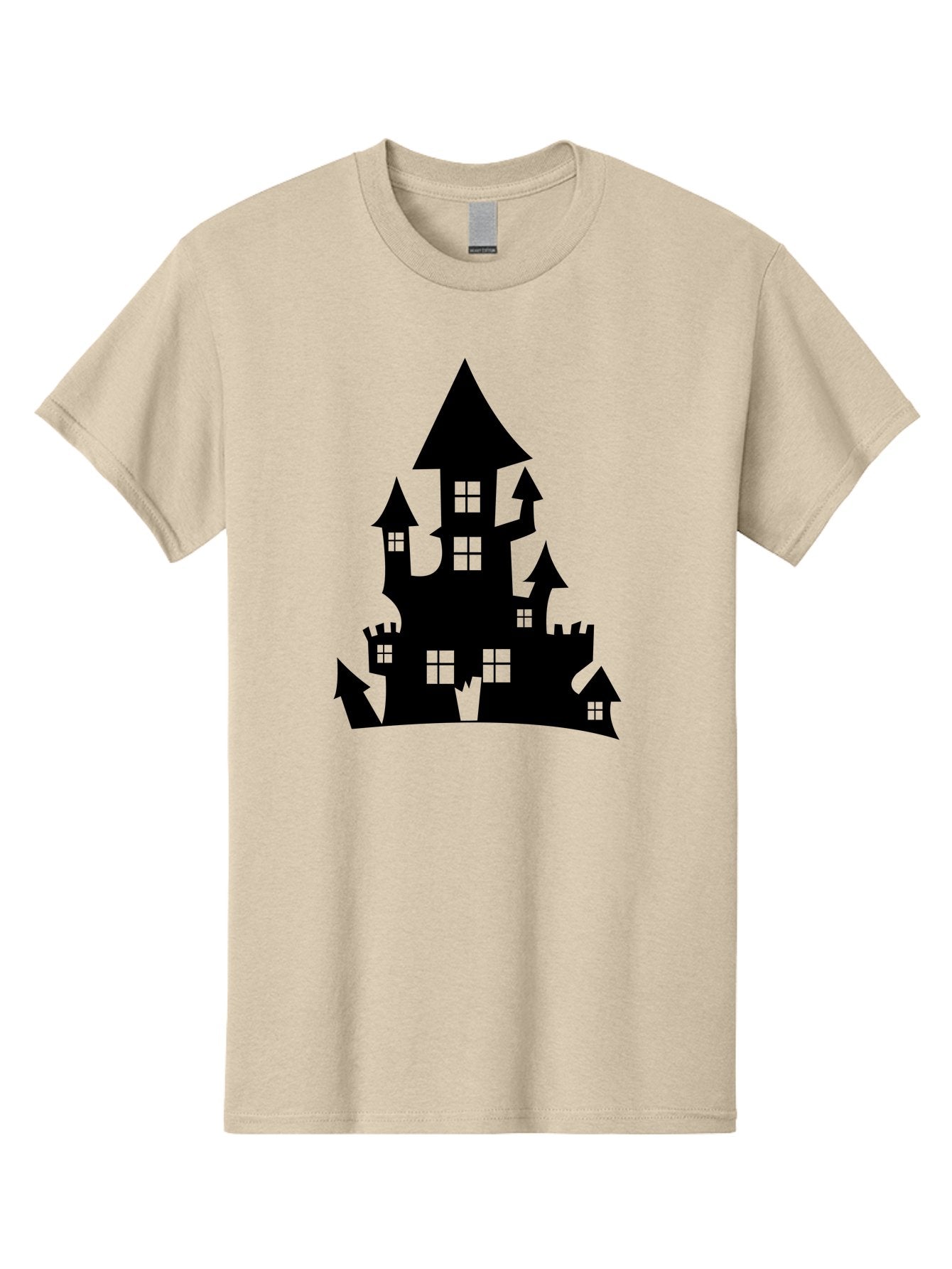 Haunted-House-Silhouette-1 Men'S Graphic Tee, 100% Cotton, Comfortable Casual Summer Wear, Machine Washable, Medieval Castle, Black Silhouette, Fantasy Architecture, Mysterious Atmosphere, Gothic Style, Spooky Vibe, Dark Magic, Haunted House, Aab224