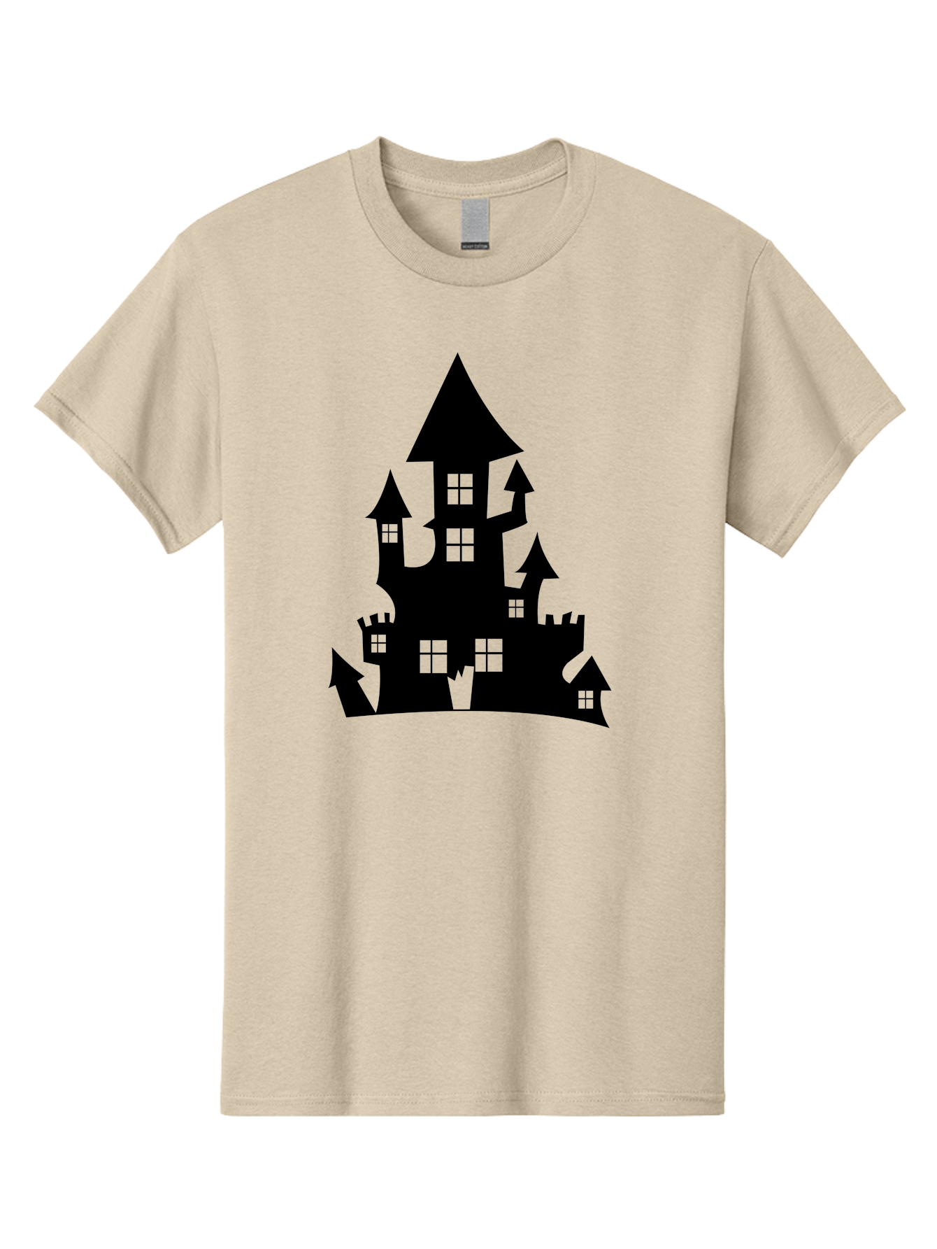 Haunted-House-Silhouette-1 Men'S Graphic Tee, 100% Cotton, Comfortable Casual Summer Wear, Machine Washable, Medieval Castle, Black Silhouette, Fantasy Architecture, Mysterious Atmosphere, Gothic Style, Spooky Vibe, Dark Magic, Haunted House, Aab224 27