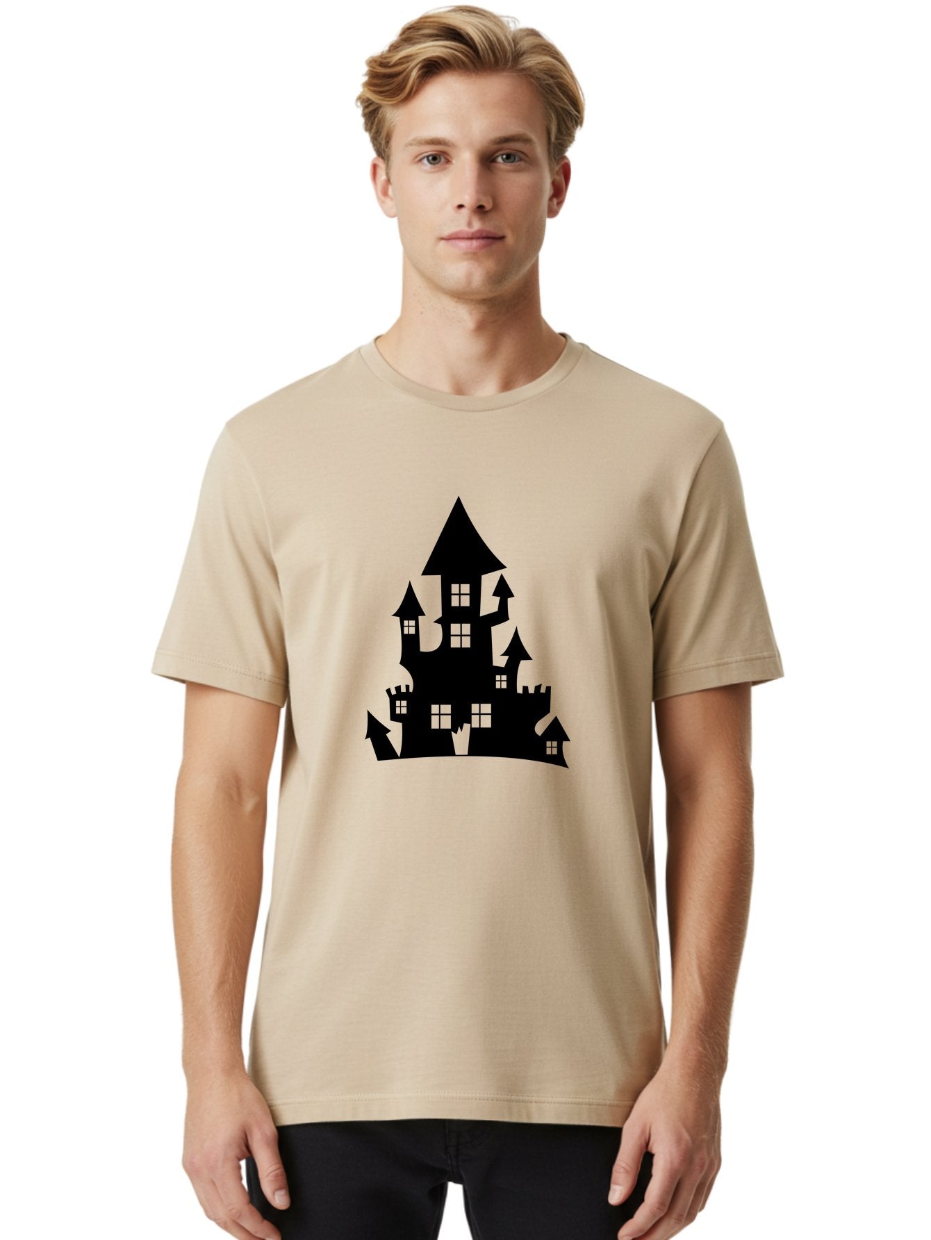Haunted-House-Silhouette-1 Men'S Graphic Tee, 100% Cotton, Comfortable Casual Summer Wear, Machine Washable, Medieval Castle, Black Silhouette, Fantasy Architecture, Mysterious Atmosphere, Gothic Style, Spooky Vibe, Dark Magic, Haunted House, Aab224 19