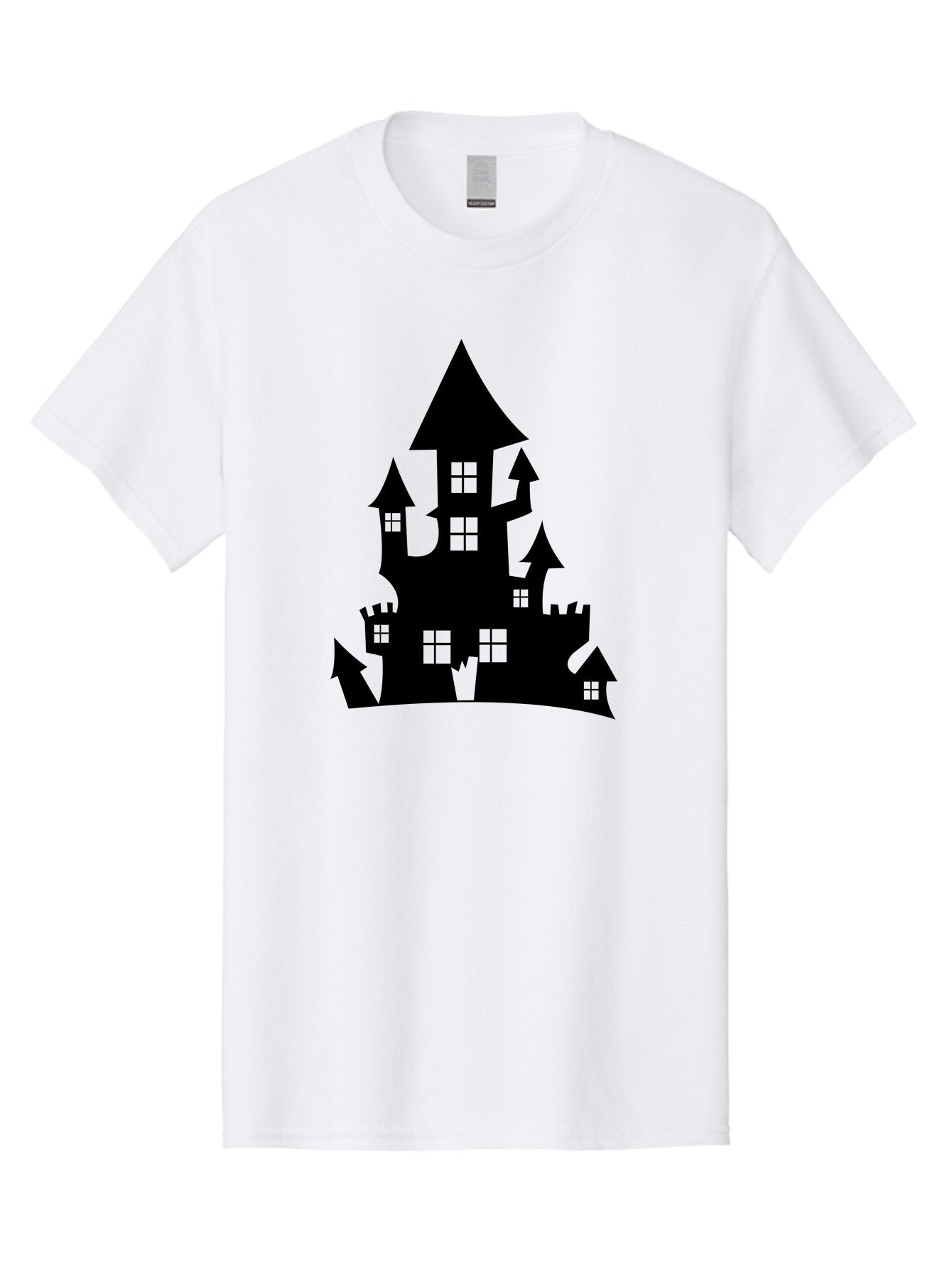 Haunted-House-Silhouette-1 Men'S Graphic Tee, 100% Cotton, Comfortable Casual Summer Wear, Machine Washable, Medieval Castle, Black Silhouette, Fantasy Architecture, Mysterious Atmosphere, Gothic Style, Spooky Vibe, Dark Magic, Haunted House, Aab224 4