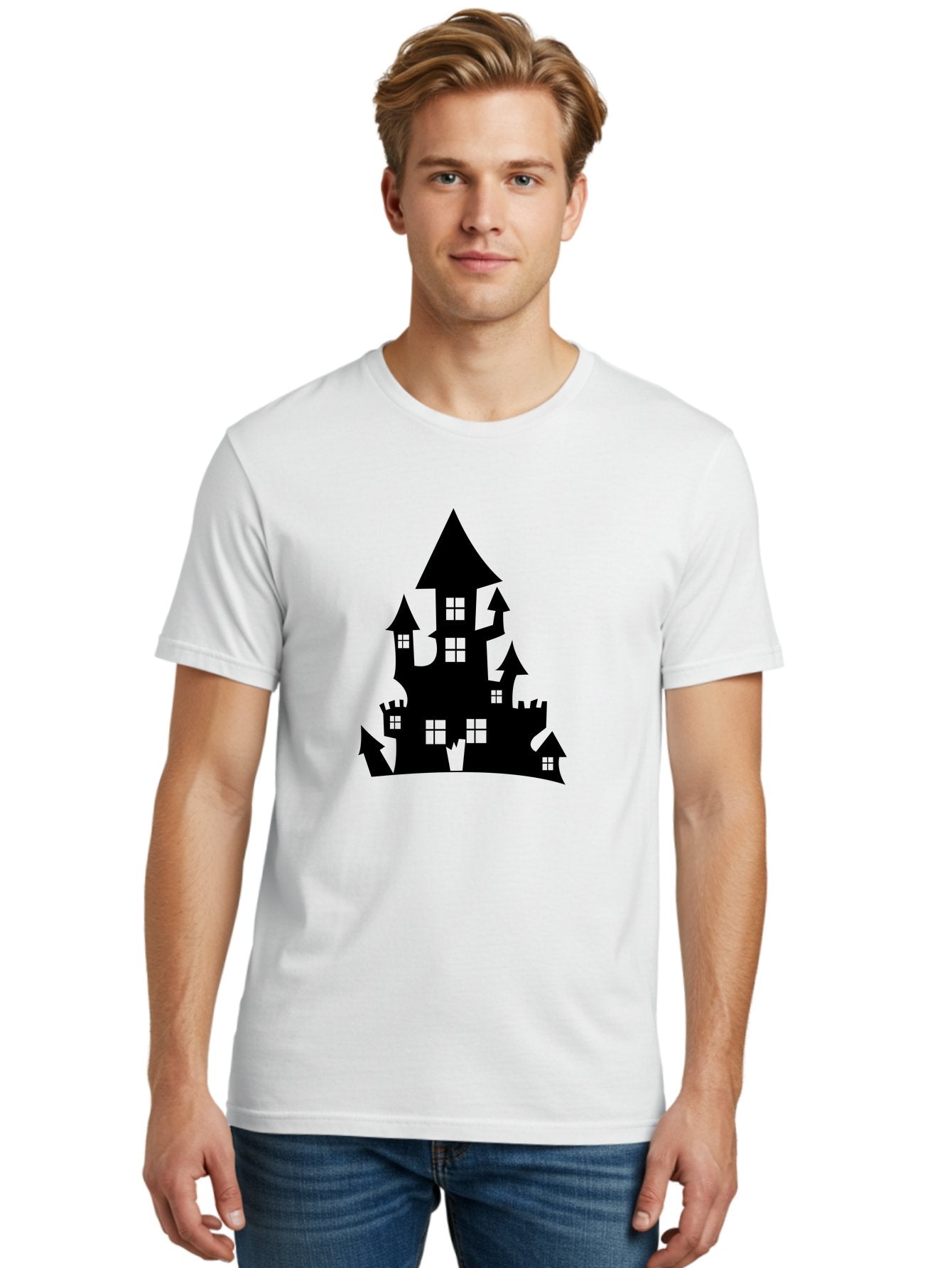 Haunted-House-Silhouette-1 Men'S Graphic Tee, 100% Cotton, Comfortable Casual Summer Wear, Machine Washable, Medieval Castle, Black Silhouette, Fantasy Architecture, Mysterious Atmosphere, Gothic Style, Spooky Vibe, Dark Magic, Haunted House, Aab224 18