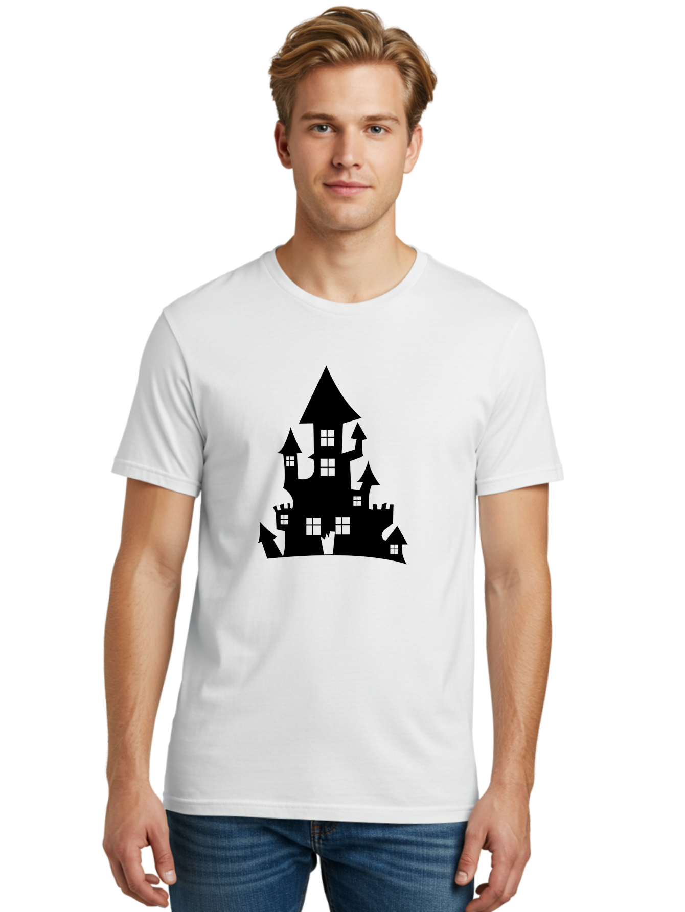 Haunted-House-Silhouette-1 Men'S Graphic Tee, 100% Cotton, Comfortable Casual Summer Wear, Machine Washable, Medieval Castle, Black Silhouette, Fantasy Architecture, Mysterious Atmosphere, Gothic Style, Spooky Vibe, Dark Magic, Haunted House, Aab224 30