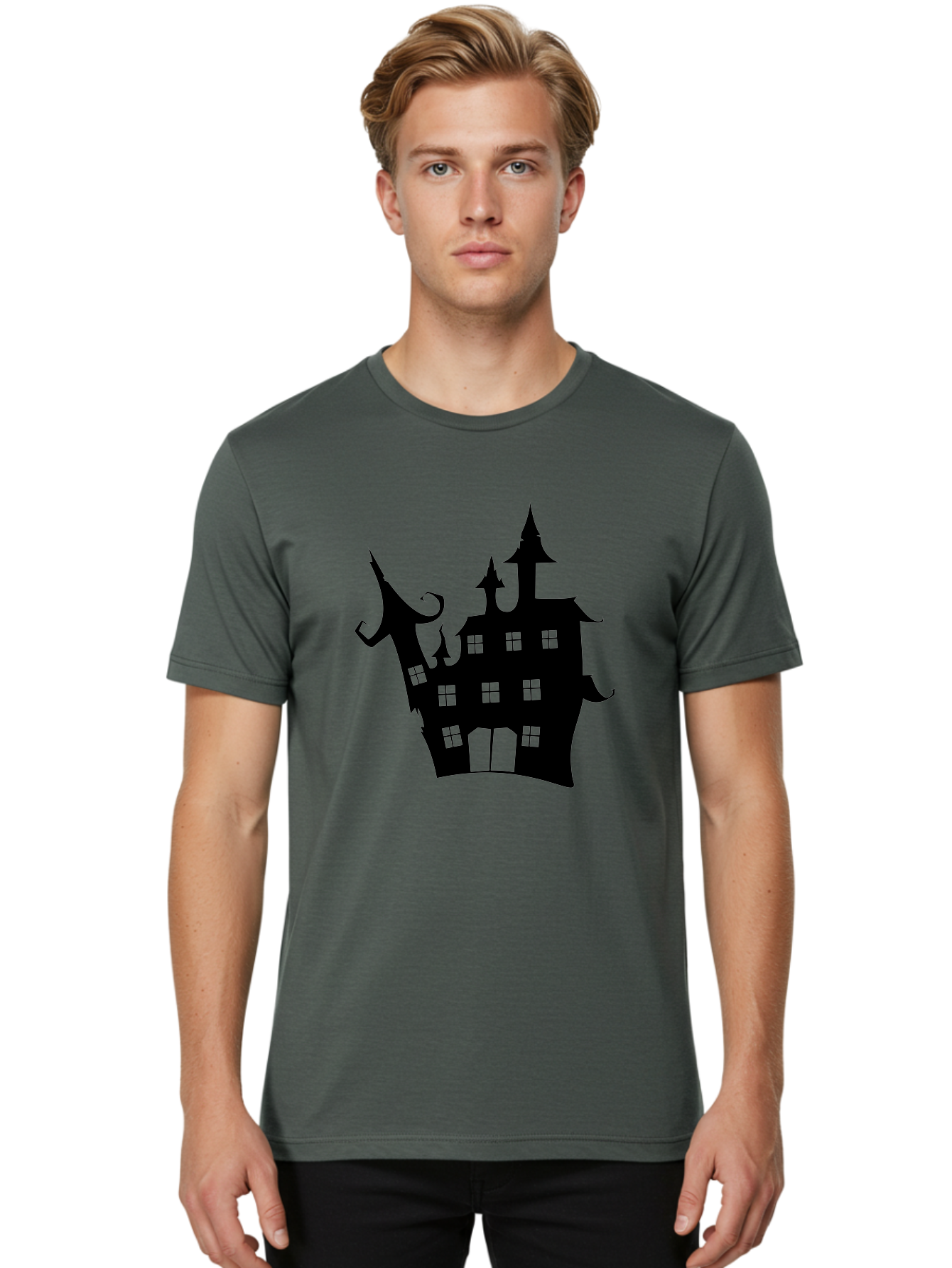 Haunted-House-Silhouette-2 Men'S Graphic Tee, 100% Cotton, Comfortable Casual Summer Wear, Machine Washable, Haunted House, Spooky Atmosphere, Gothic Architecture, Mysterious Mansion, Eerie Silhouette, Halloween Decor Aab225 4