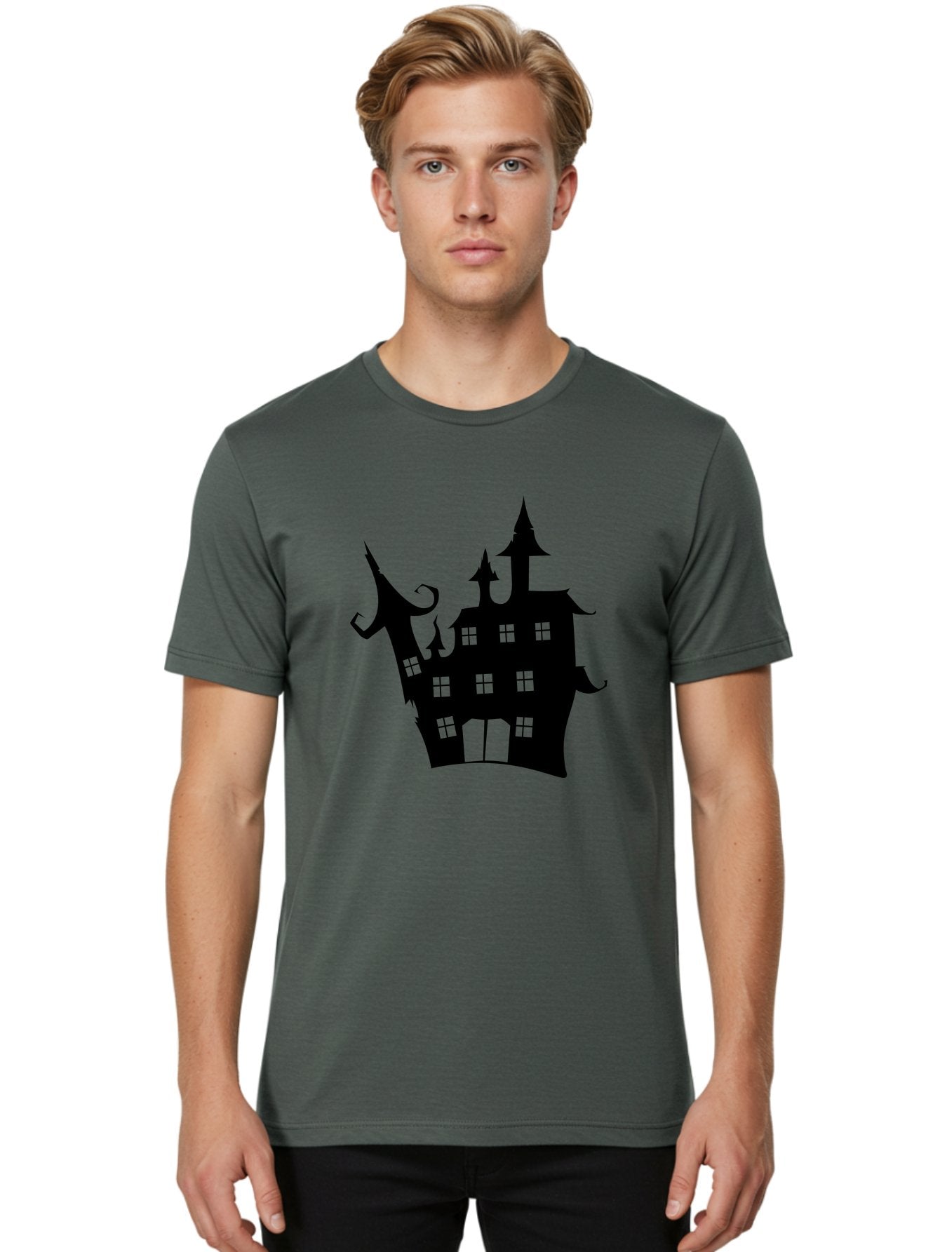 Haunted-House-Silhouette-2 Men'S Graphic Tee, 100% Cotton, Comfortable Casual Summer Wear, Machine Washable, Haunted House, Spooky Atmosphere, Gothic Architecture, Mysterious Mansion, Eerie Silhouette, Halloween Decor Aab225 25
