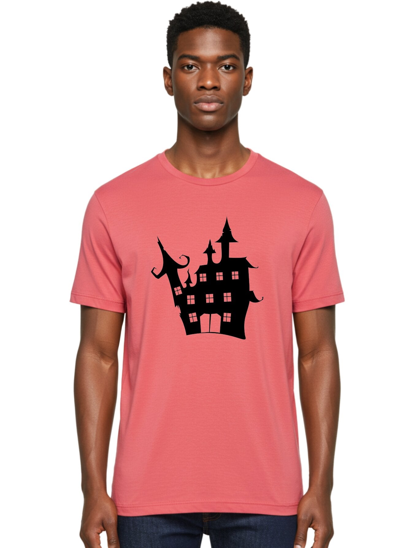 Haunted-House-Silhouette-2 Men'S Graphic Tee, 100% Cotton, Comfortable Casual Summer Wear, Machine Washable, Haunted House, Spooky Atmosphere, Gothic Architecture, Mysterious Mansion, Eerie Silhouette, Halloween Decor Aab225 19