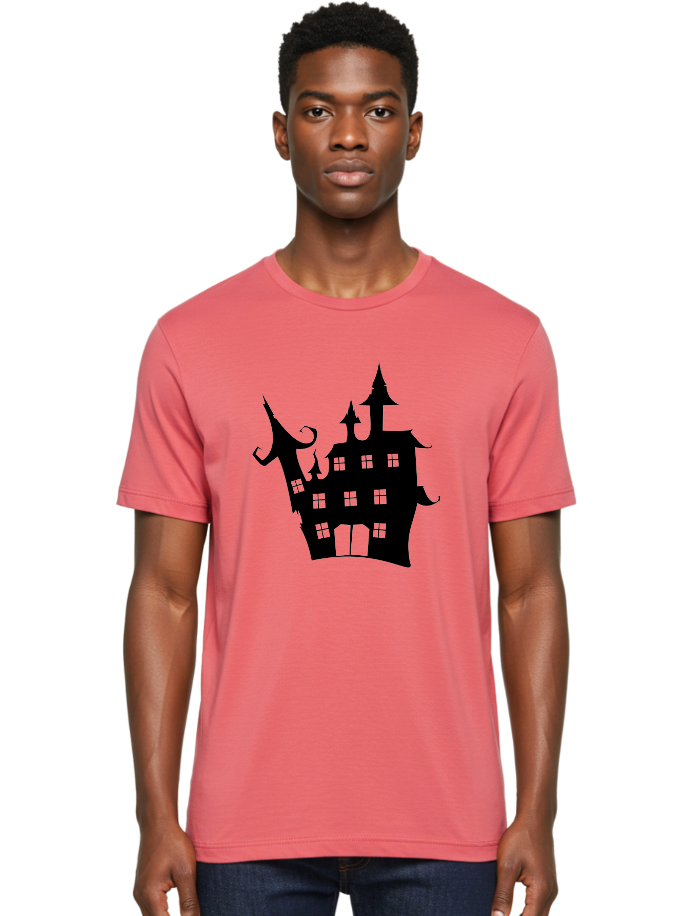 Haunted-House-Silhouette-2 Men'S Graphic Tee, 100% Cotton, Comfortable Casual Summer Wear, Machine Washable, Haunted House, Spooky Atmosphere, Gothic Architecture, Mysterious Mansion, Eerie Silhouette, Halloween Decor Aab225 6