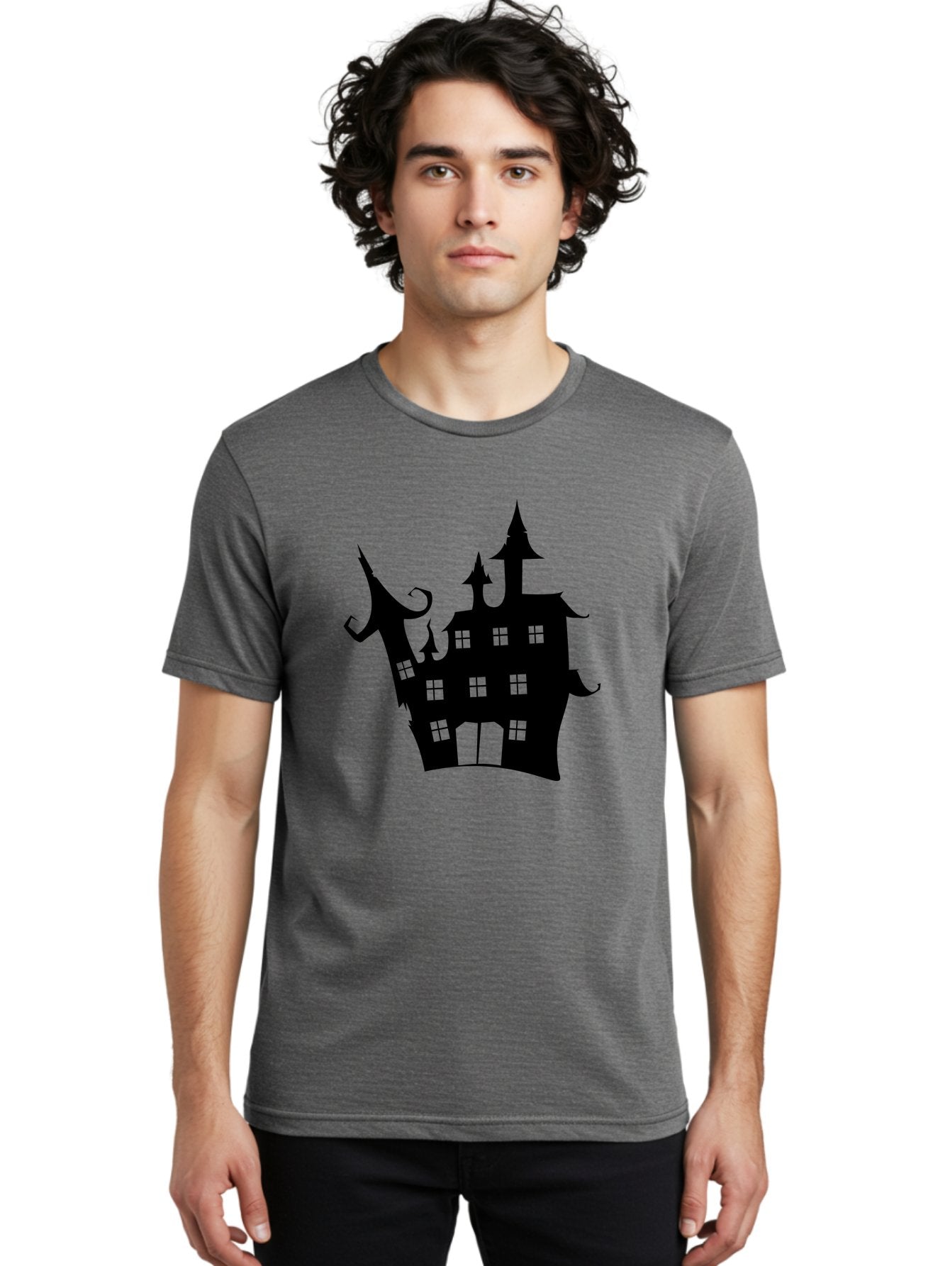Haunted-House-Silhouette-2 Men'S Graphic Tee, 100% Cotton, Comfortable Casual Summer Wear, Machine Washable, Haunted House, Spooky Atmosphere, Gothic Architecture, Mysterious Mansion, Eerie Silhouette, Halloween Decor Aab225 18