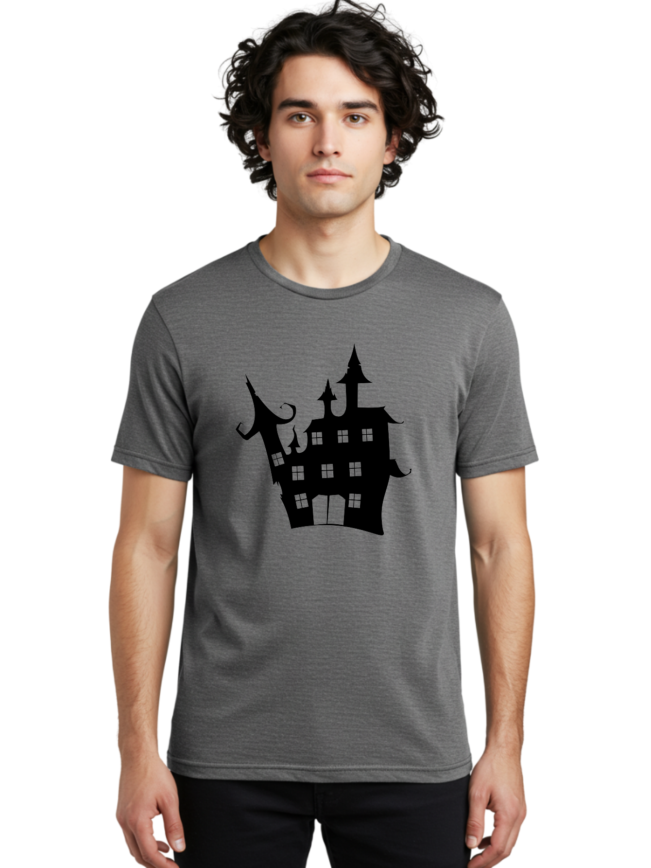 Haunted-House-Silhouette-2 Men'S Graphic Tee, 100% Cotton, Comfortable Casual Summer Wear, Machine Washable, Haunted House, Spooky Atmosphere, Gothic Architecture, Mysterious Mansion, Eerie Silhouette, Halloween Decor Aab225 10