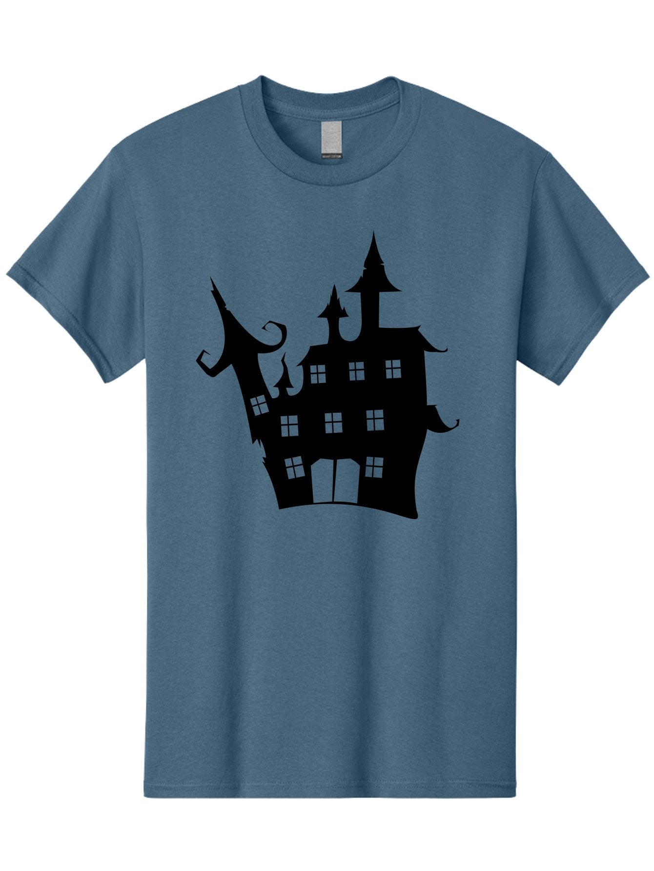 Haunted-House-Silhouette-2 Men'S Graphic Tee, 100% Cotton, Comfortable Casual Summer Wear, Machine Washable, Haunted House, Spooky Atmosphere, Gothic Architecture, Mysterious Mansion, Eerie Silhouette, Halloween Decor Aab225