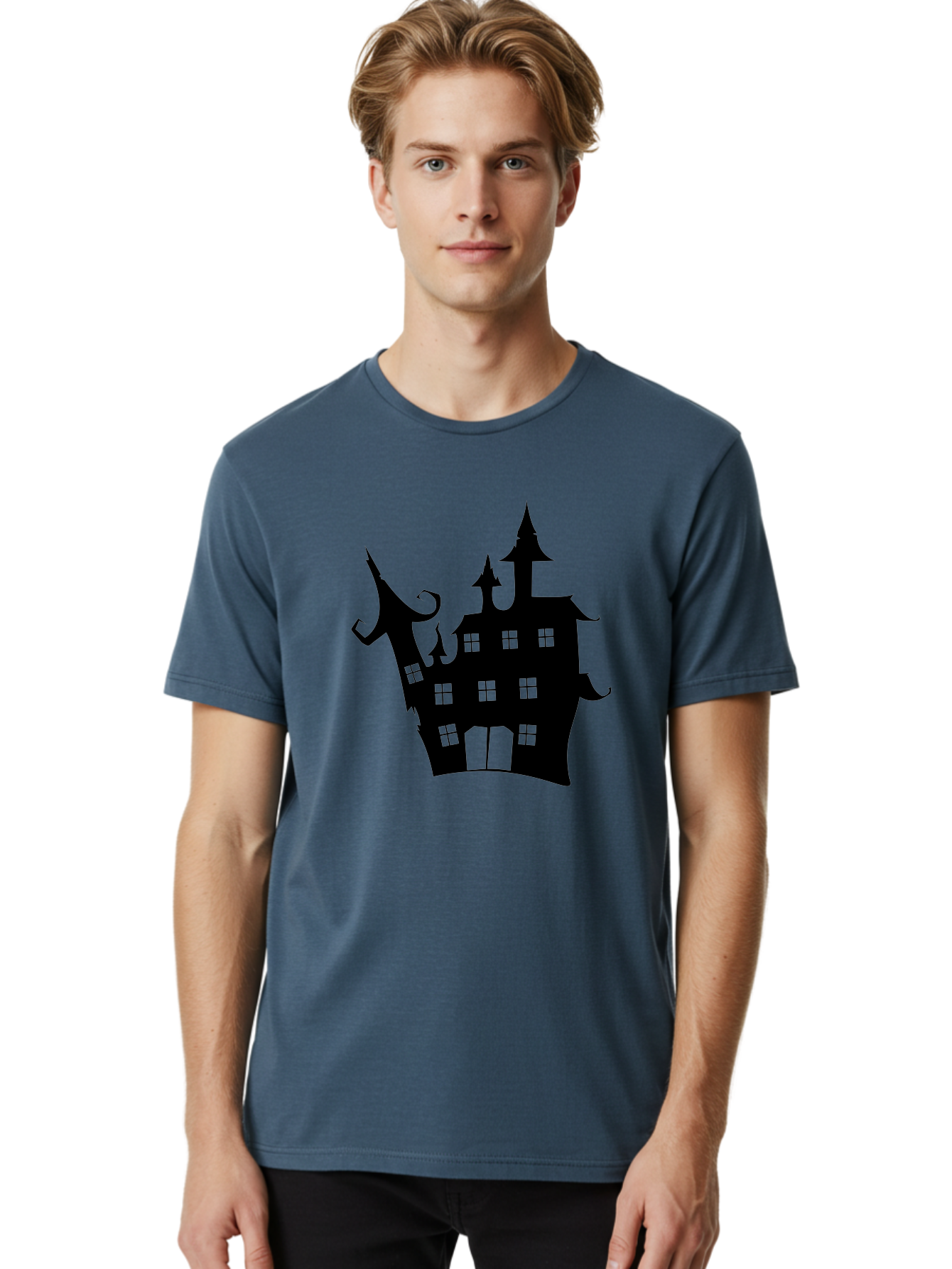 Haunted-House-Silhouette-2 Men'S Graphic Tee, 100% Cotton, Comfortable Casual Summer Wear, Machine Washable, Haunted House, Spooky Atmosphere, Gothic Architecture, Mysterious Mansion, Eerie Silhouette, Halloween Decor Aab225 12