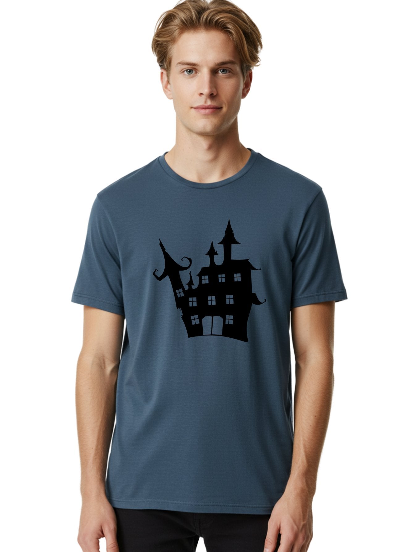 Haunted-House-Silhouette-2 Men'S Graphic Tee, 100% Cotton, Comfortable Casual Summer Wear, Machine Washable, Haunted House, Spooky Atmosphere, Gothic Architecture, Mysterious Mansion, Eerie Silhouette, Halloween Decor Aab225 21