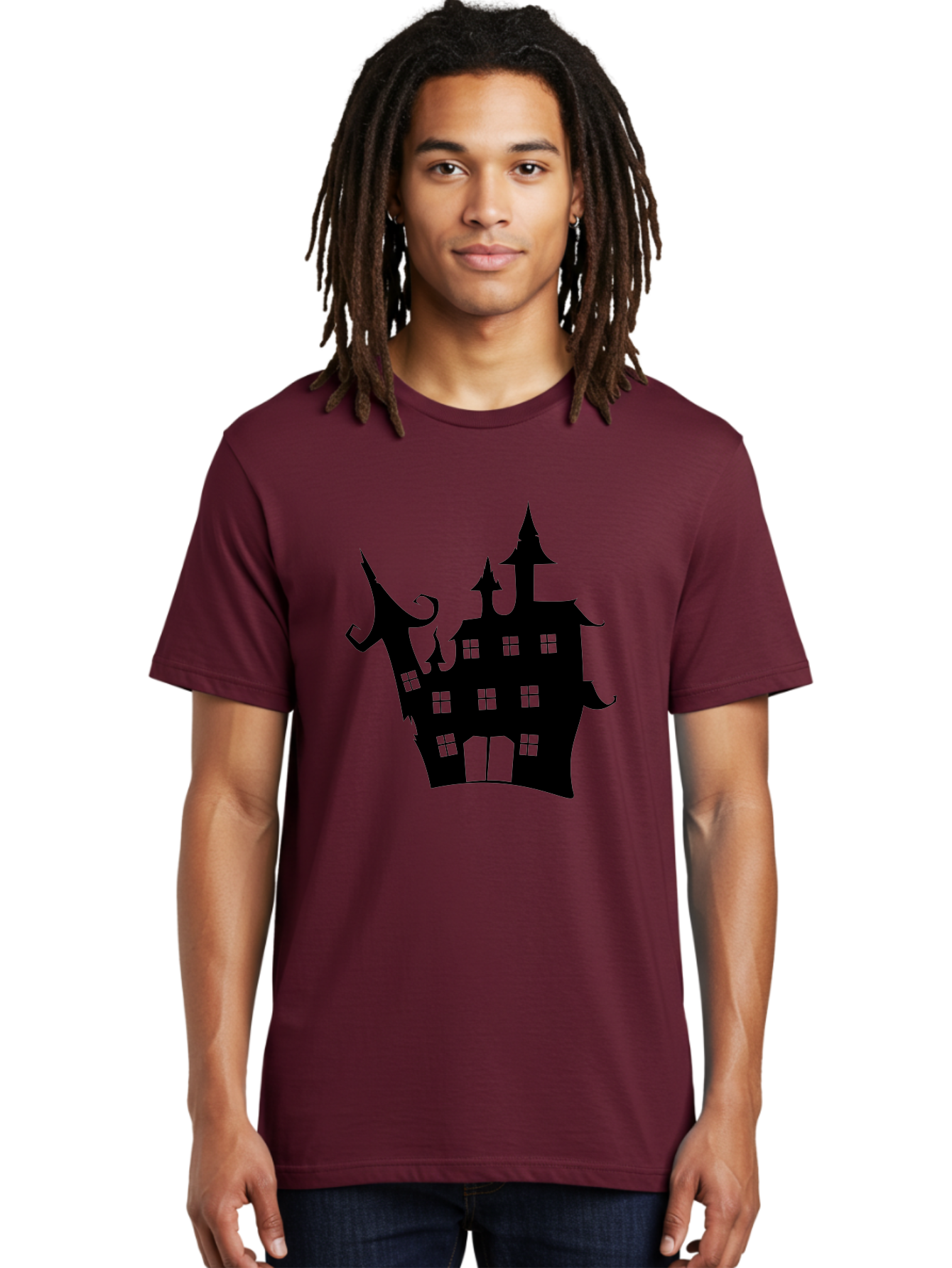 Haunted-House-Silhouette-2 Men'S Graphic Tee, 100% Cotton, Comfortable Casual Summer Wear, Machine Washable, Haunted House, Spooky Atmosphere, Gothic Architecture, Mysterious Mansion, Eerie Silhouette, Halloween Decor Aab225 14