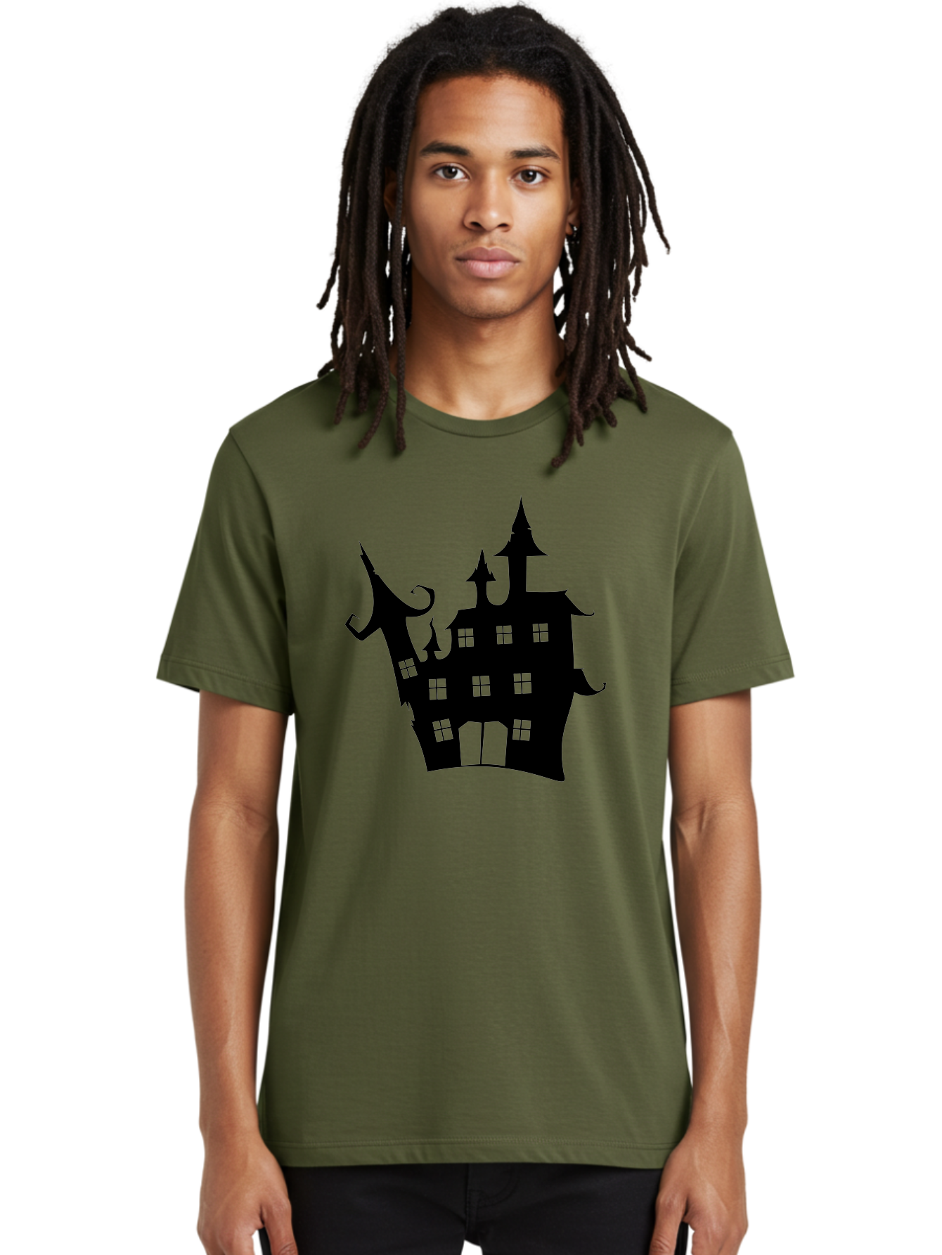 Haunted-House-Silhouette-2 Men'S Graphic Tee, 100% Cotton, Comfortable Casual Summer Wear, Machine Washable, Haunted House, Spooky Atmosphere, Gothic Architecture, Mysterious Mansion, Eerie Silhouette, Halloween Decor Aab225 16