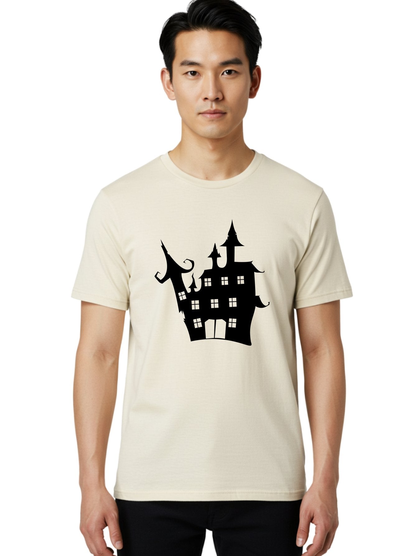 Haunted-House-Silhouette-2 Men'S Graphic Tee, 100% Cotton, Comfortable Casual Summer Wear, Machine Washable, Haunted House, Spooky Atmosphere, Gothic Architecture, Mysterious Mansion, Eerie Silhouette, Halloween Decor Aab225 27