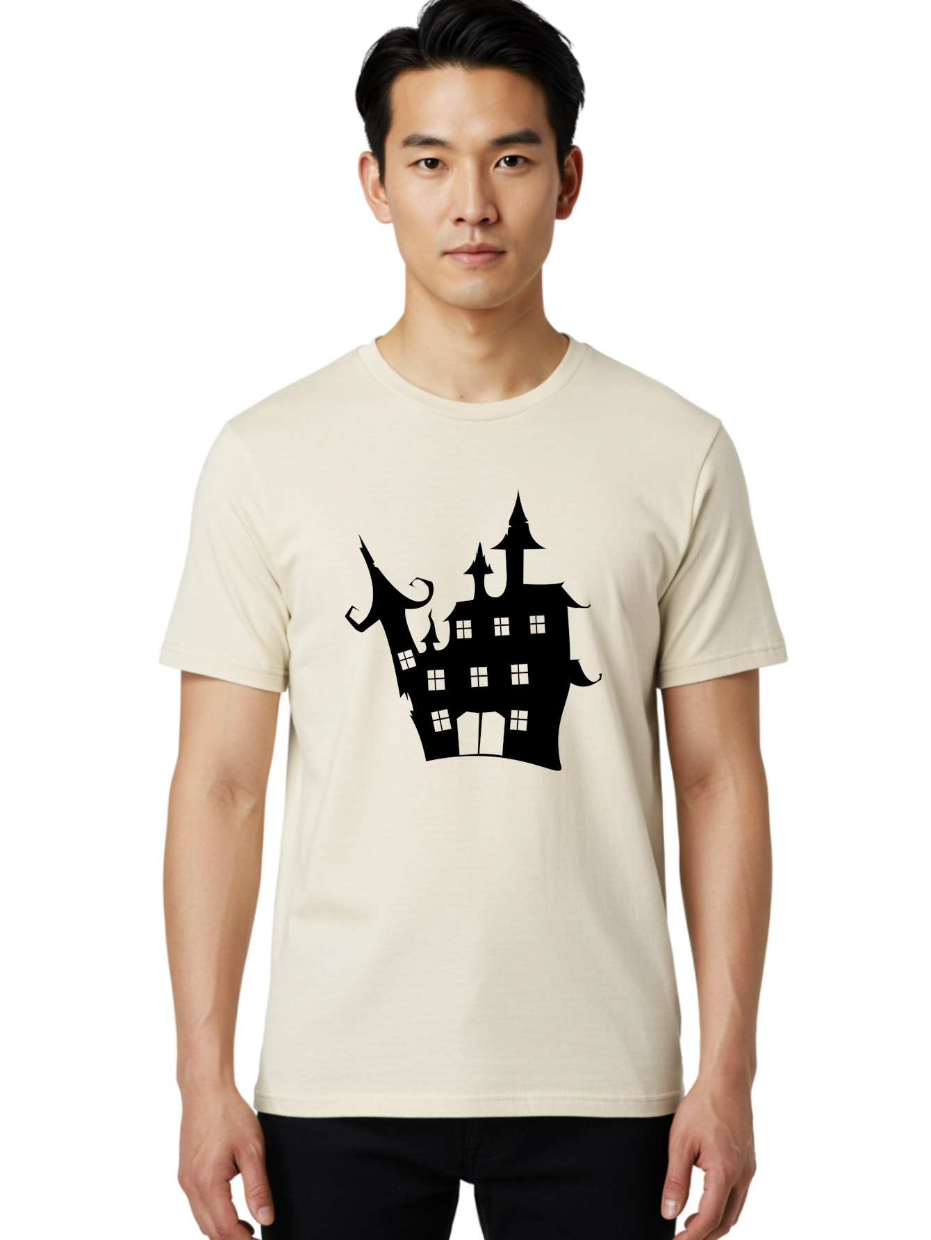 Haunted-House-Silhouette-2 Men'S Graphic Tee, 100% Cotton, Comfortable Casual Summer Wear, Machine Washable, Haunted House, Spooky Atmosphere, Gothic Architecture, Mysterious Mansion, Eerie Silhouette, Halloween Decor Aab225 18