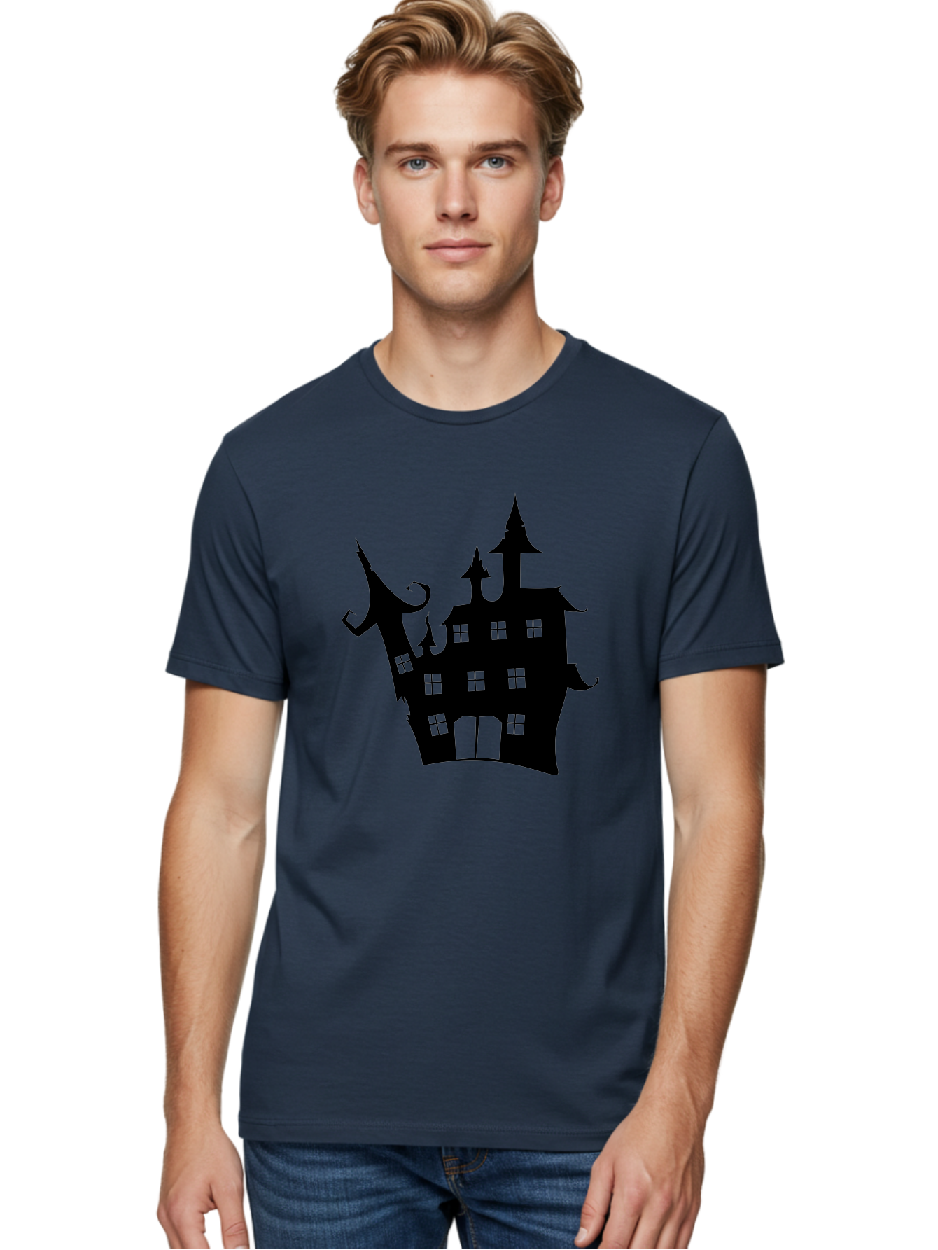 Haunted-House-Silhouette-2 Men'S Graphic Tee, 100% Cotton, Comfortable Casual Summer Wear, Machine Washable, Haunted House, Spooky Atmosphere, Gothic Architecture, Mysterious Mansion, Eerie Silhouette, Halloween Decor Aab225 20