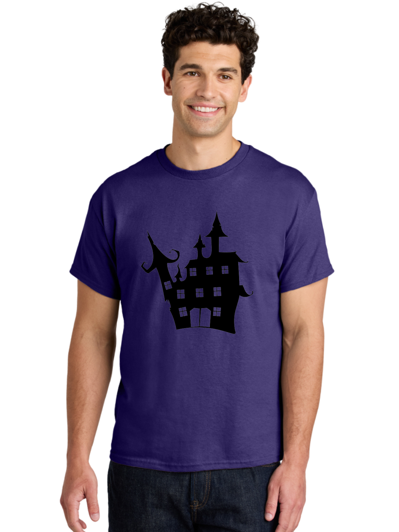 Haunted-House-Silhouette-2 Men'S Graphic Tee, 100% Cotton, Comfortable Casual Summer Wear, Machine Washable, Haunted House, Spooky Atmosphere, Gothic Architecture, Mysterious Mansion, Eerie Silhouette, Halloween Decor Aab225 22