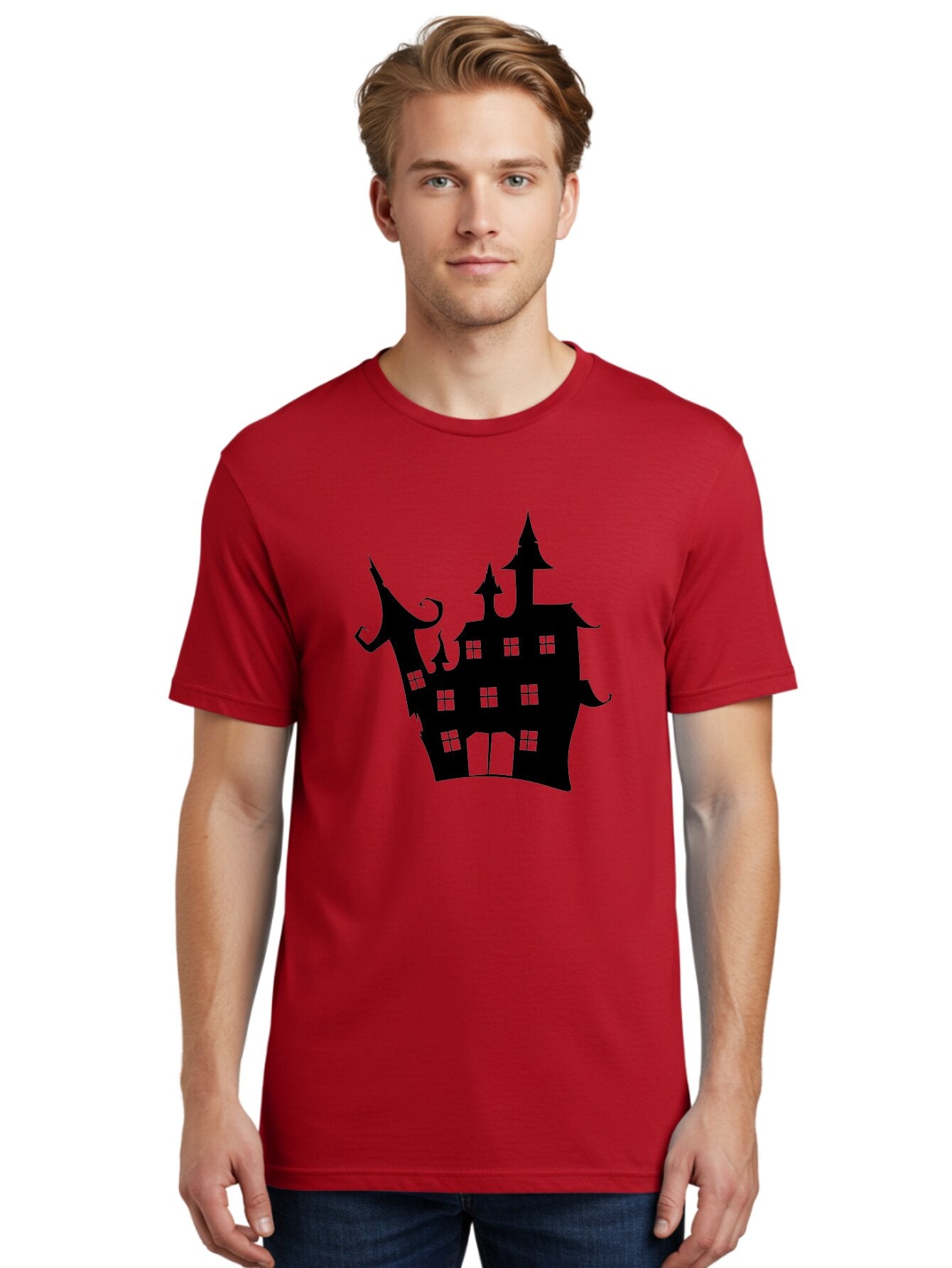 Haunted-House-Silhouette-2 Men'S Graphic Tee, 100% Cotton, Comfortable Casual Summer Wear, Machine Washable, Haunted House, Spooky Atmosphere, Gothic Architecture, Mysterious Mansion, Eerie Silhouette, Halloween Decor Aab225 16