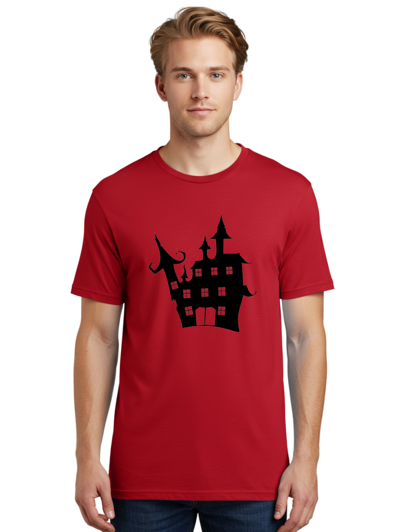 Haunted-House-Silhouette-2 Men'S Graphic Tee, 100% Cotton, Comfortable Casual Summer Wear, Machine Washable, Haunted House, Spooky Atmosphere, Gothic Architecture, Mysterious Mansion, Eerie Silhouette, Halloween Decor Aab225 24