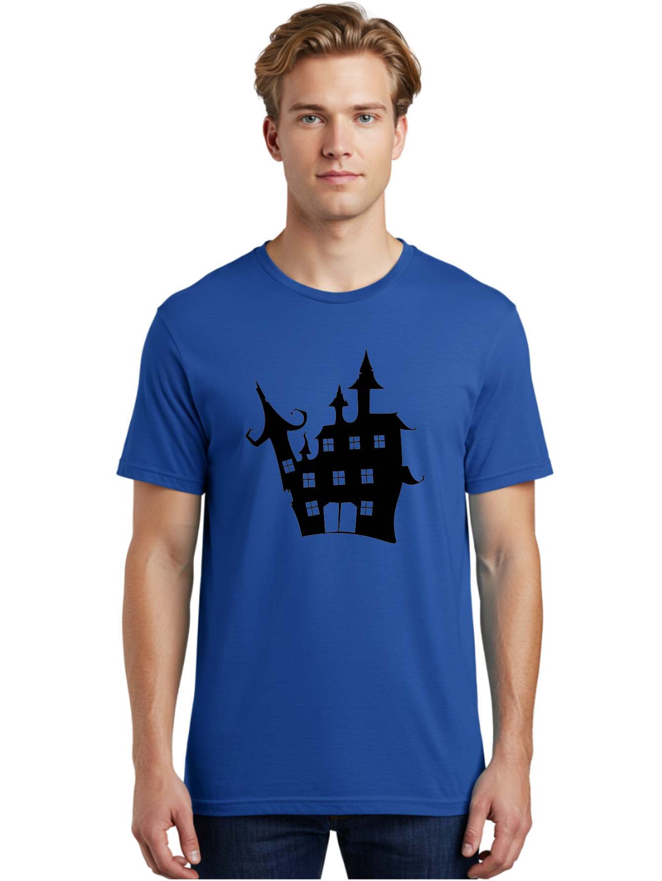 Haunted-House-Silhouette-2 Men'S Graphic Tee, 100% Cotton, Comfortable Casual Summer Wear, Machine Washable, Haunted House, Spooky Atmosphere, Gothic Architecture, Mysterious Mansion, Eerie Silhouette, Halloween Decor Aab225 26