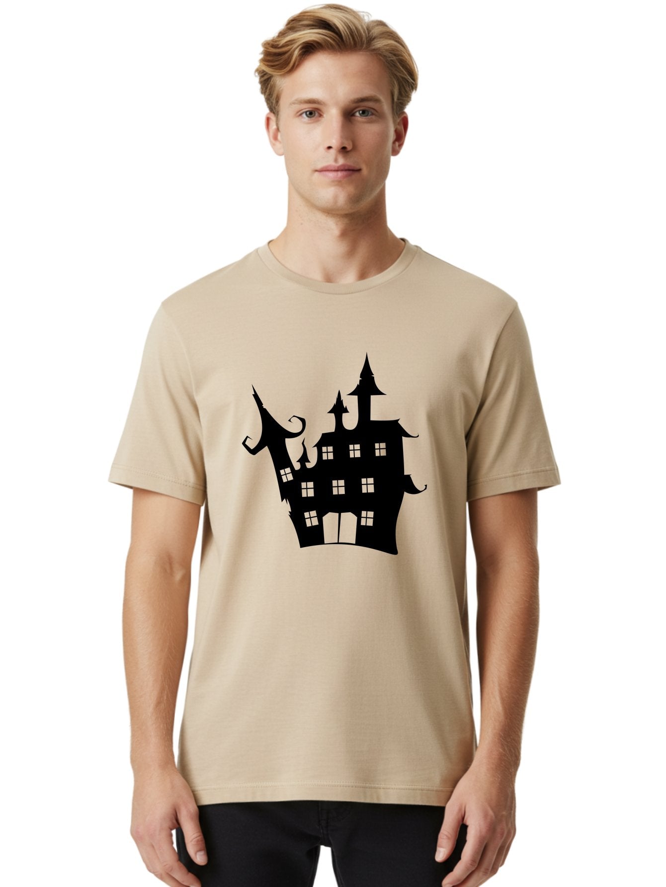 Haunted-House-Silhouette-2 Men'S Graphic Tee, 100% Cotton, Comfortable Casual Summer Wear, Machine Washable, Haunted House, Spooky Atmosphere, Gothic Architecture, Mysterious Mansion, Eerie Silhouette, Halloween Decor Aab225 23