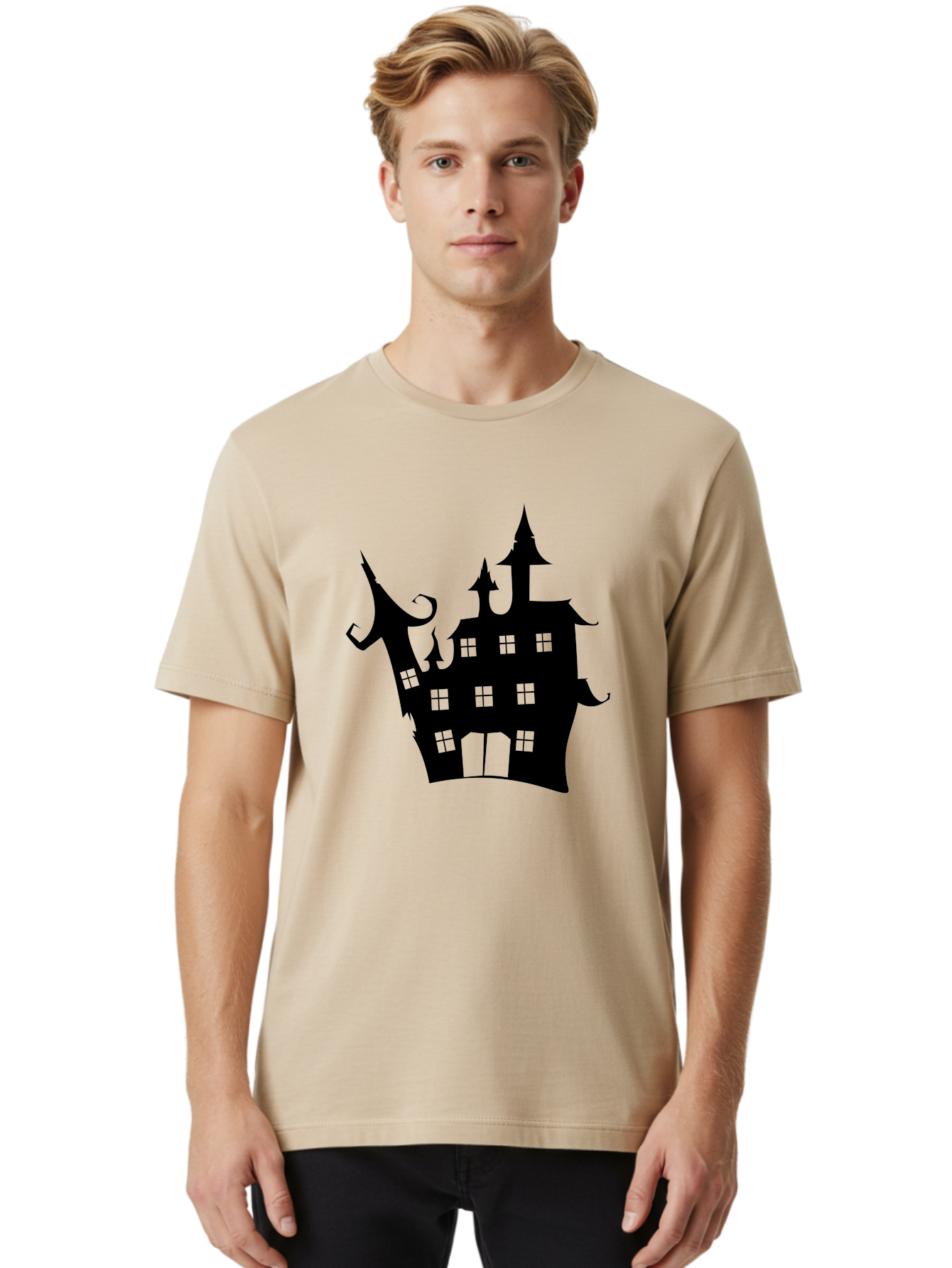 Haunted-House-Silhouette-2 Men'S Graphic Tee, 100% Cotton, Comfortable Casual Summer Wear, Machine Washable, Haunted House, Spooky Atmosphere, Gothic Architecture, Mysterious Mansion, Eerie Silhouette, Halloween Decor Aab225 28
