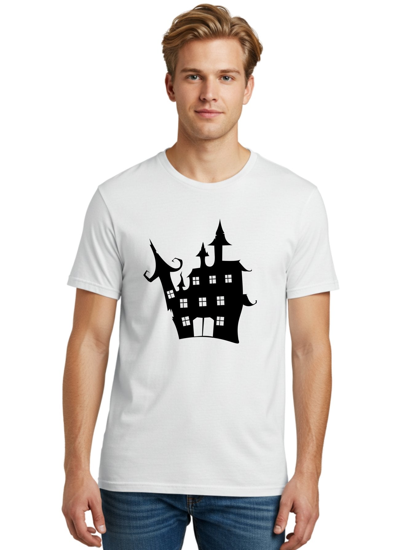 Haunted-House-Silhouette-2 Men'S Graphic Tee, 100% Cotton, Comfortable Casual Summer Wear, Machine Washable, Haunted House, Spooky Atmosphere, Gothic Architecture, Mysterious Mansion, Eerie Silhouette, Halloween Decor Aab225 29
