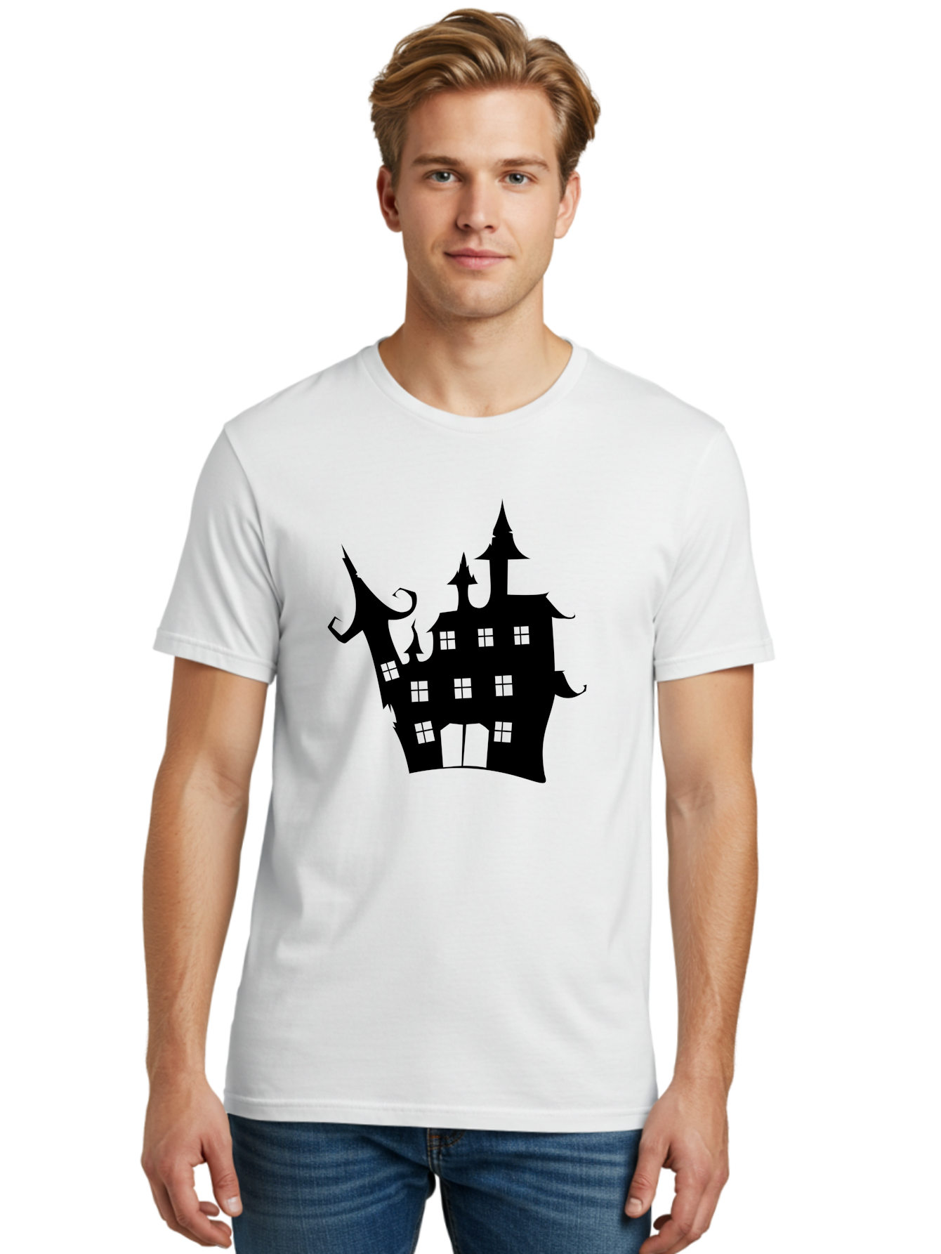 Haunted-House-Silhouette-2 Men'S Graphic Tee, 100% Cotton, Comfortable Casual Summer Wear, Machine Washable, Haunted House, Spooky Atmosphere, Gothic Architecture, Mysterious Mansion, Eerie Silhouette, Halloween Decor Aab225 30