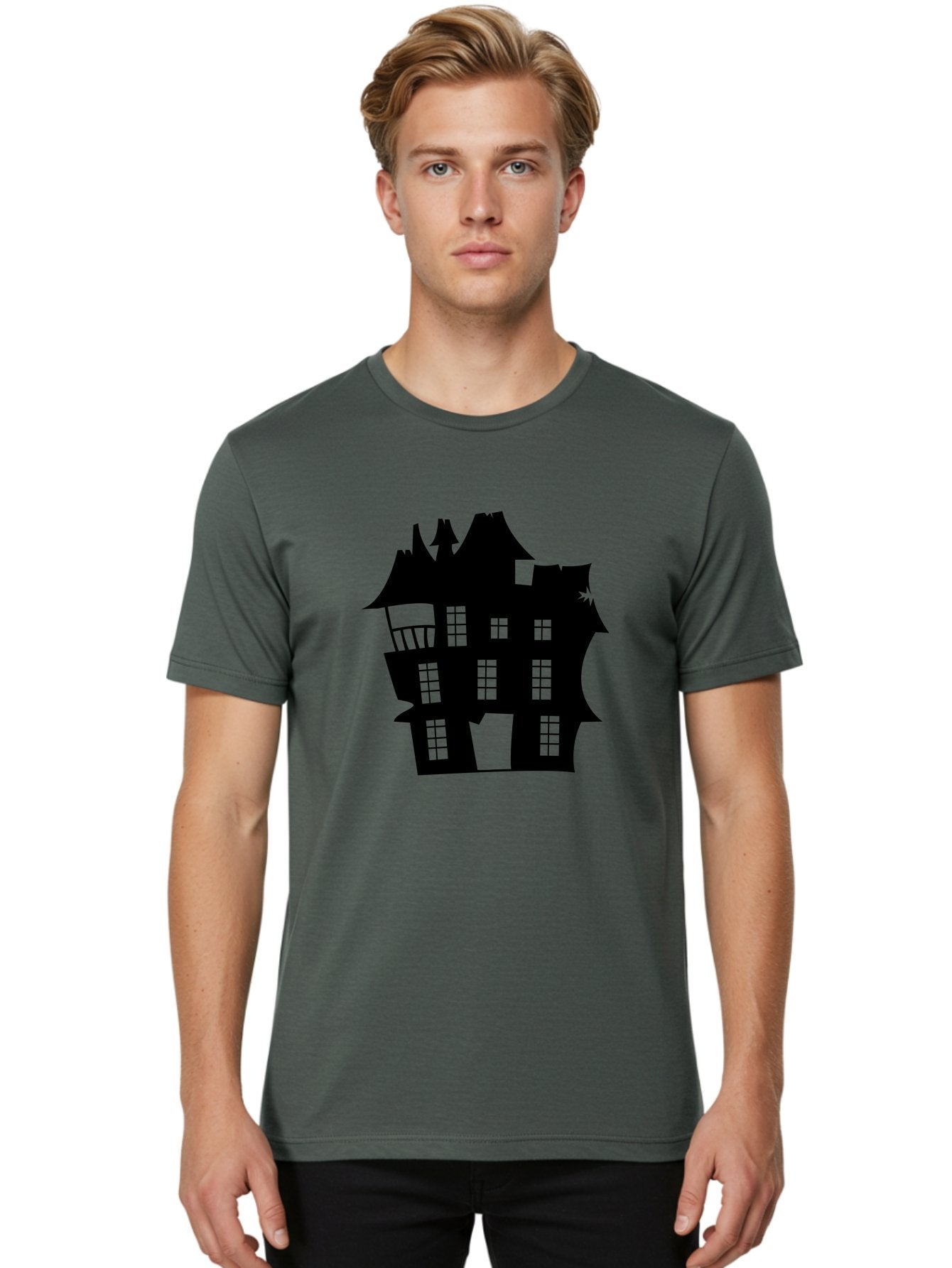 Haunted-House-Silhouette Men'S Graphic Tee, 100% Cotton, Comfortable Casual Summer Wear, Machine Washable, Haunted Mansion, Spooky Silhouette, Eerie Architecture, Creepy House, Haunted Building, Dark Atmosphere, Gothic Style, Mysterious Home Aab226 22