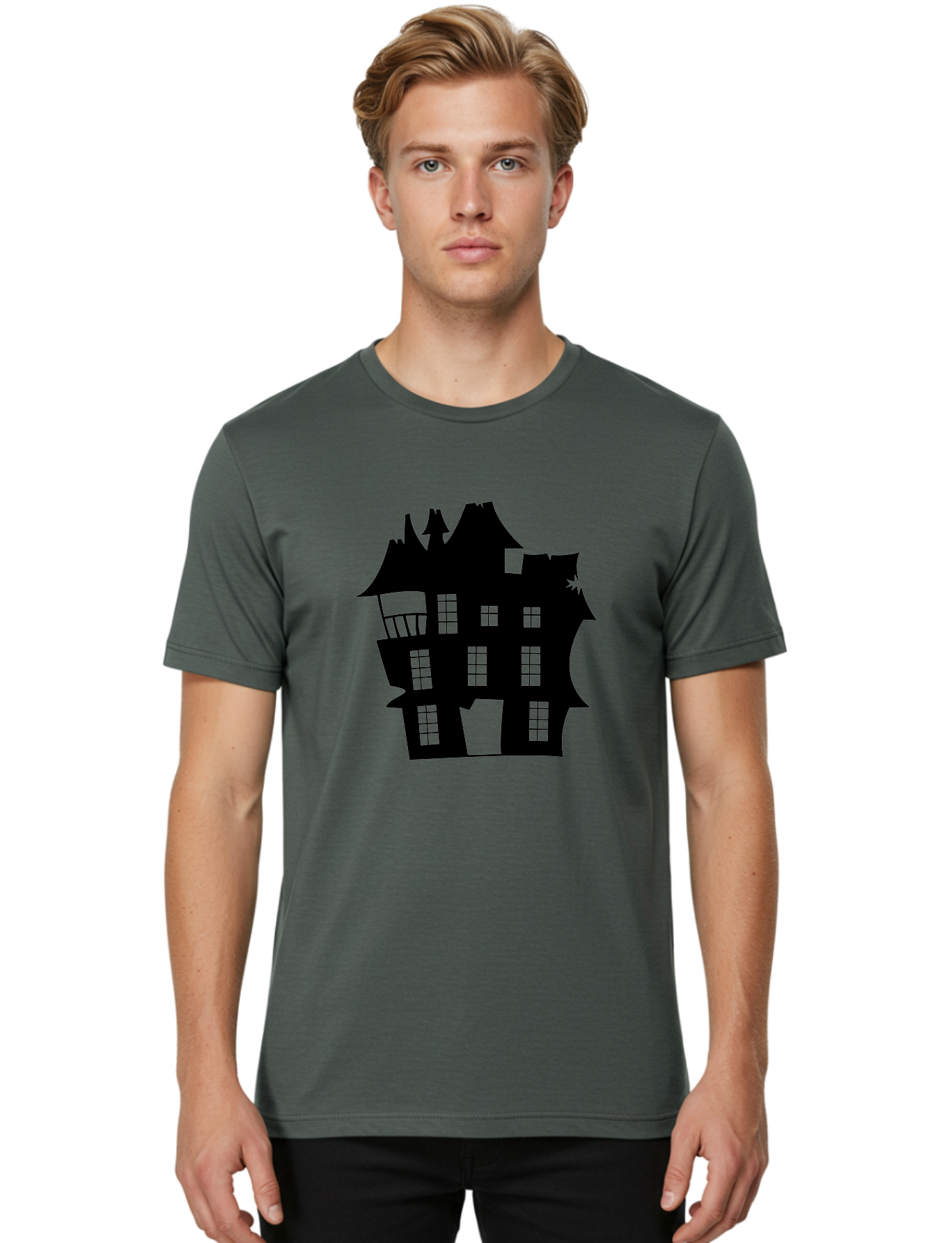 Haunted-House-Silhouette Men'S Graphic Tee, 100% Cotton, Comfortable Casual Summer Wear, Machine Washable, Haunted Mansion, Spooky Silhouette, Eerie Architecture, Creepy House, Haunted Building, Dark Atmosphere, Gothic Style, Mysterious Home Aab226 4